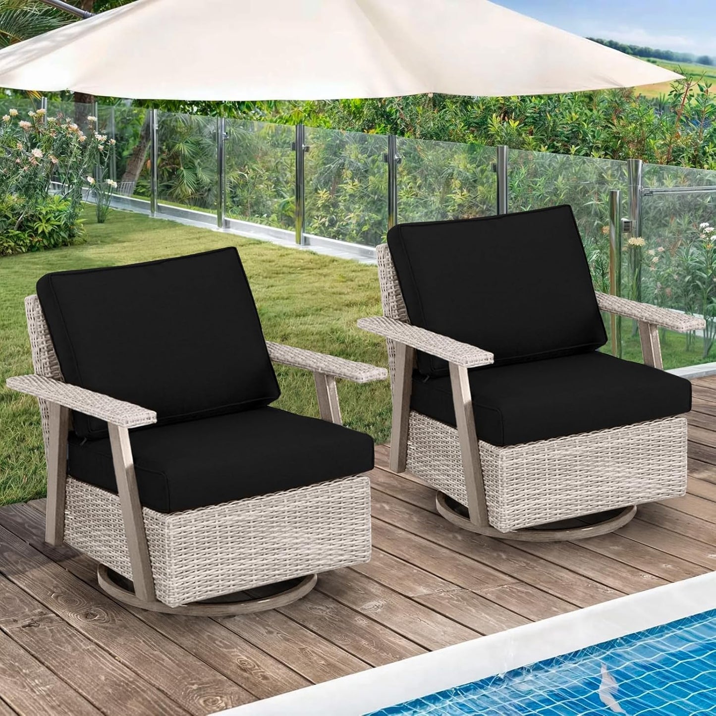 2 PCS Outdoor Patio Furniture Set, Oversized Swivel Patio Chairs Set of 2, Outdoor Swivel Rocking Glider Chairs Set, Brown/Taupe PE Wicker Rocking Chair with Cushion