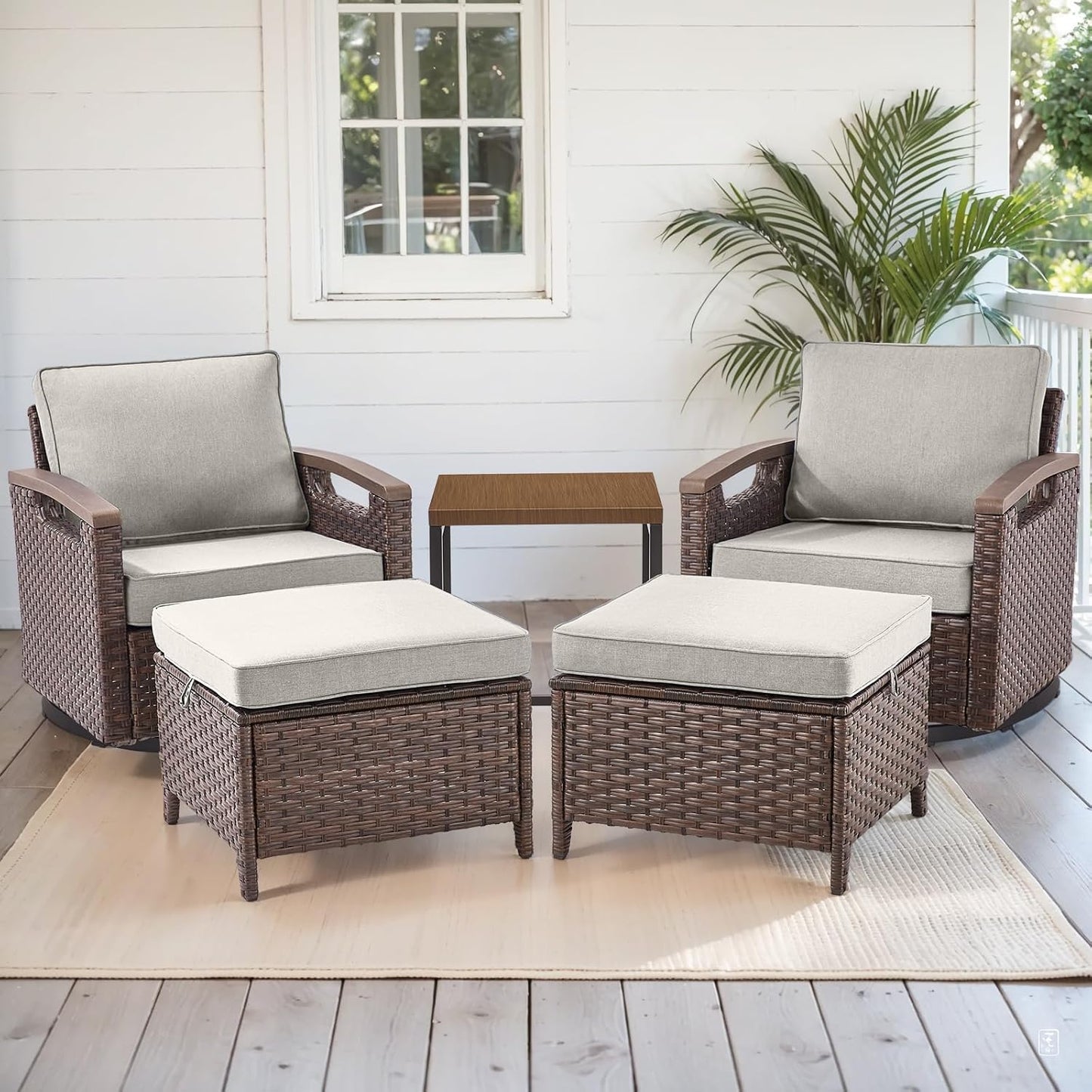 Outdoor Patio Swivel Rocking Chairs Set of 2, All Weather Wicker, Metal Armrest, Deep Seating, Thick Comfortable Cushions, Ideal for Deck Porch Backyard, Brown/Beige