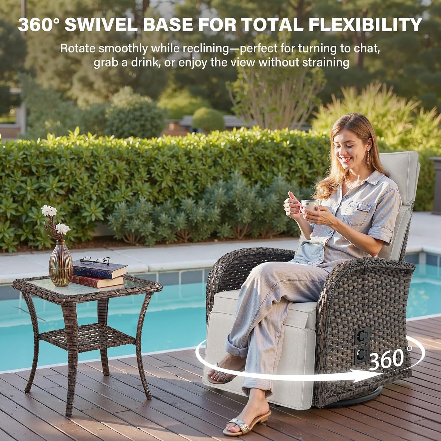 Dual-Adjust Outdoor Swivel Recliner Chair – Reclining Patio Chair with Adjustable Backrest and Footrest, All-Weather Wicker Chaise Lounge Chair Outdoor for Pool Deck Brown (Upgraded 2.0)