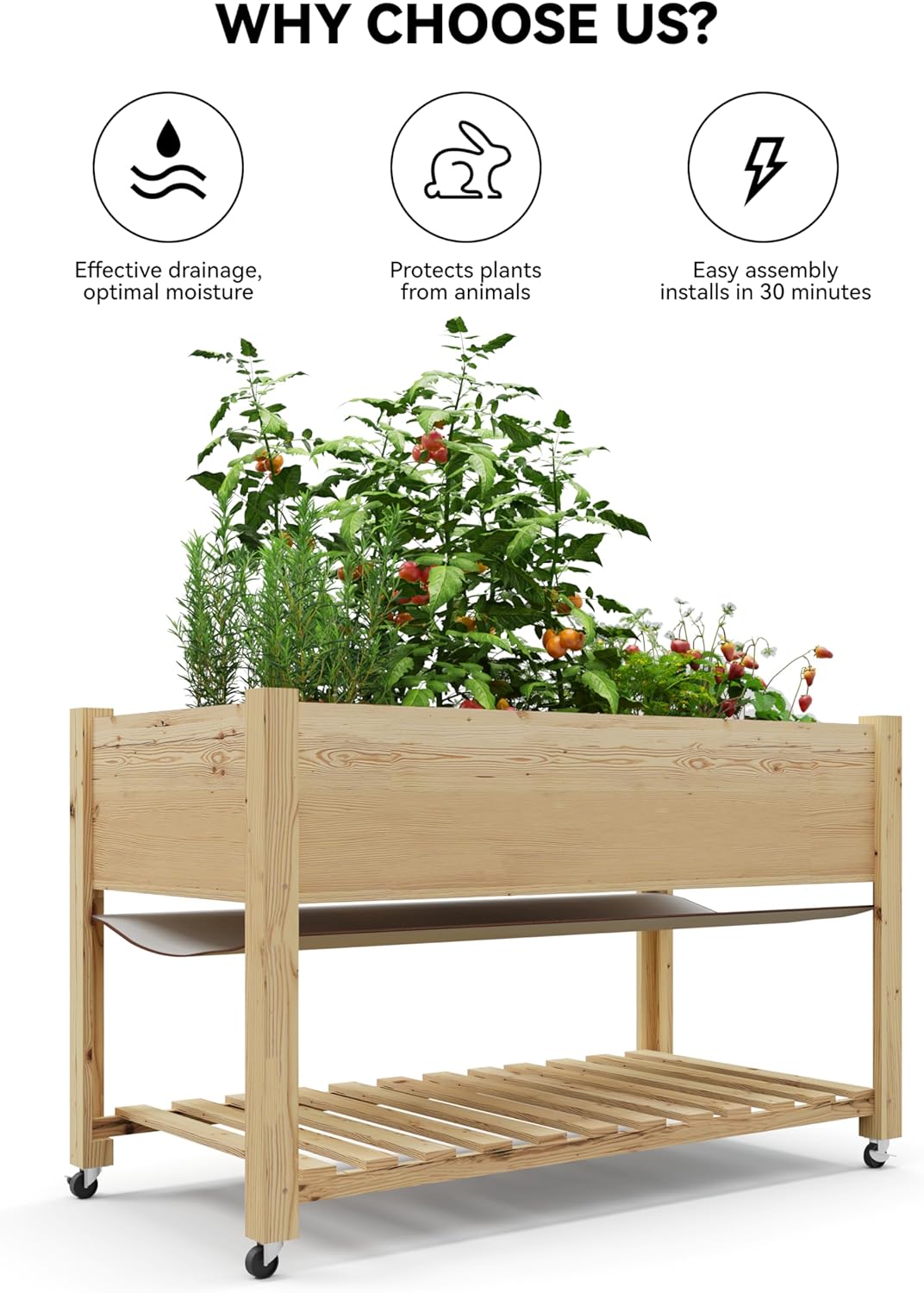 GarveeHome Raised Garden Bed 48x24x32-Inch Mobile Elevated Wood Planter Raised Beds w/Lockable Wheels, Storage Shelf, and Protective Liner for Indoor/Outdoor Gardening,Natural