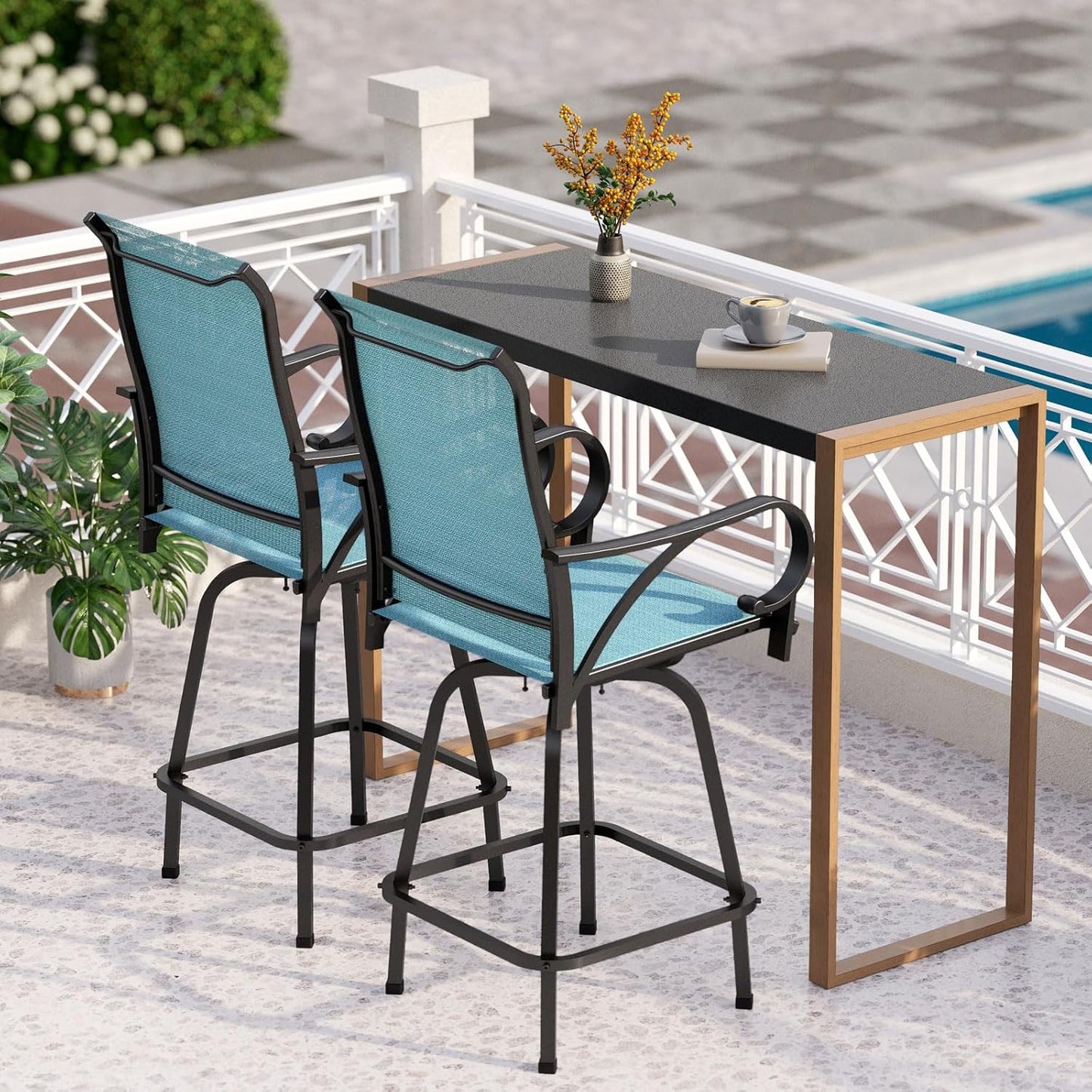 PHI VILLA Outdoor Bar Table for 2-4 Person - 55" W x 40" H Bar Height Patio Bistro Table with Stone Texture Top & Adjustable Non-Scratch Feet for Garden, Backyard, Poolside, Balcony, Patio Dining