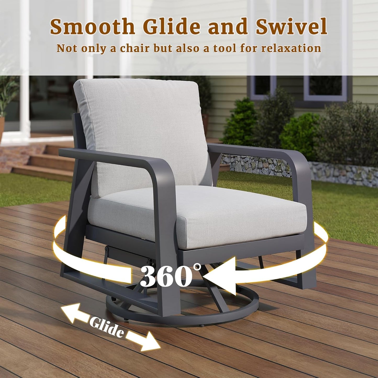 3 Piece Aluminum Outdoor Swivel Rocking Chairs Set, All Weather Swivel Patio Chairs for Porch Deck Balcony Garden (Silver Gray)