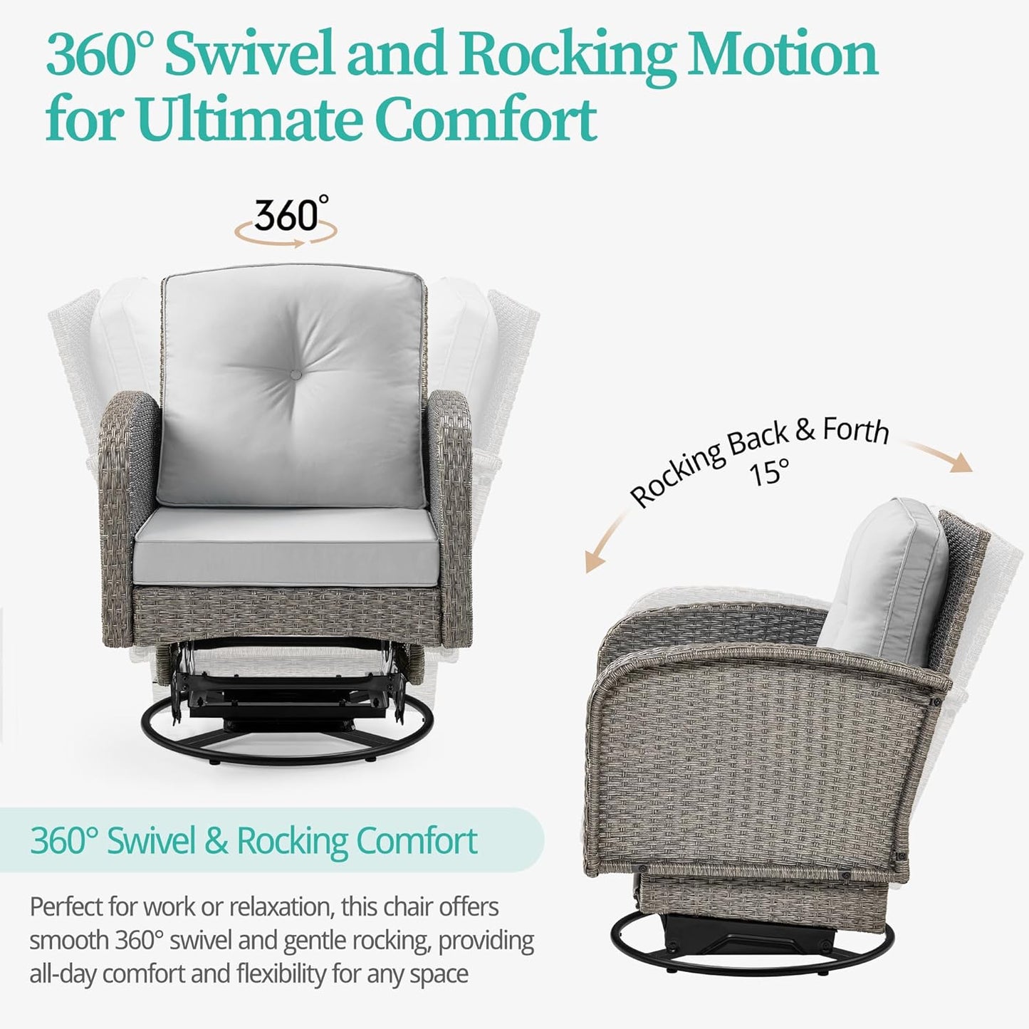Outdoor Swivel Rocker Chairs Set, 3 Piece Patio Swivel Chairs Furniture Set, All-Weather Wicker Bistro Set, Washable Cushions, Ideal for Porch, Deck, Balcony, Backyard (LightGray)