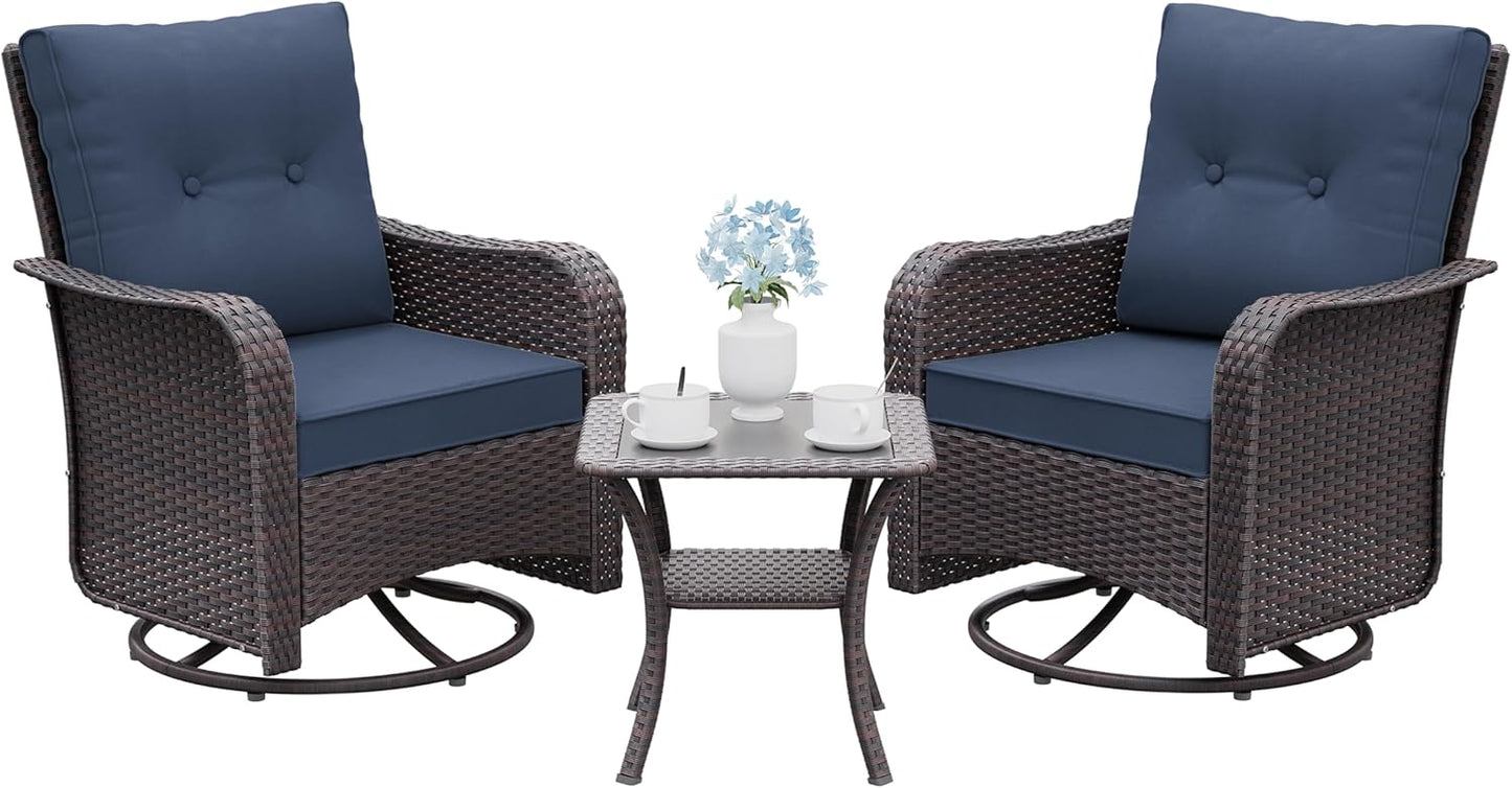 Gotland 3 Pieces Patio Set, Outdoor Swivel Chairs Set of 2 with 4’’ Waterproof Cushions High Back Double-Layer Side Table, Wicker Rocking Patio Chairs Set of 2 for Balcony, Porch, Garden