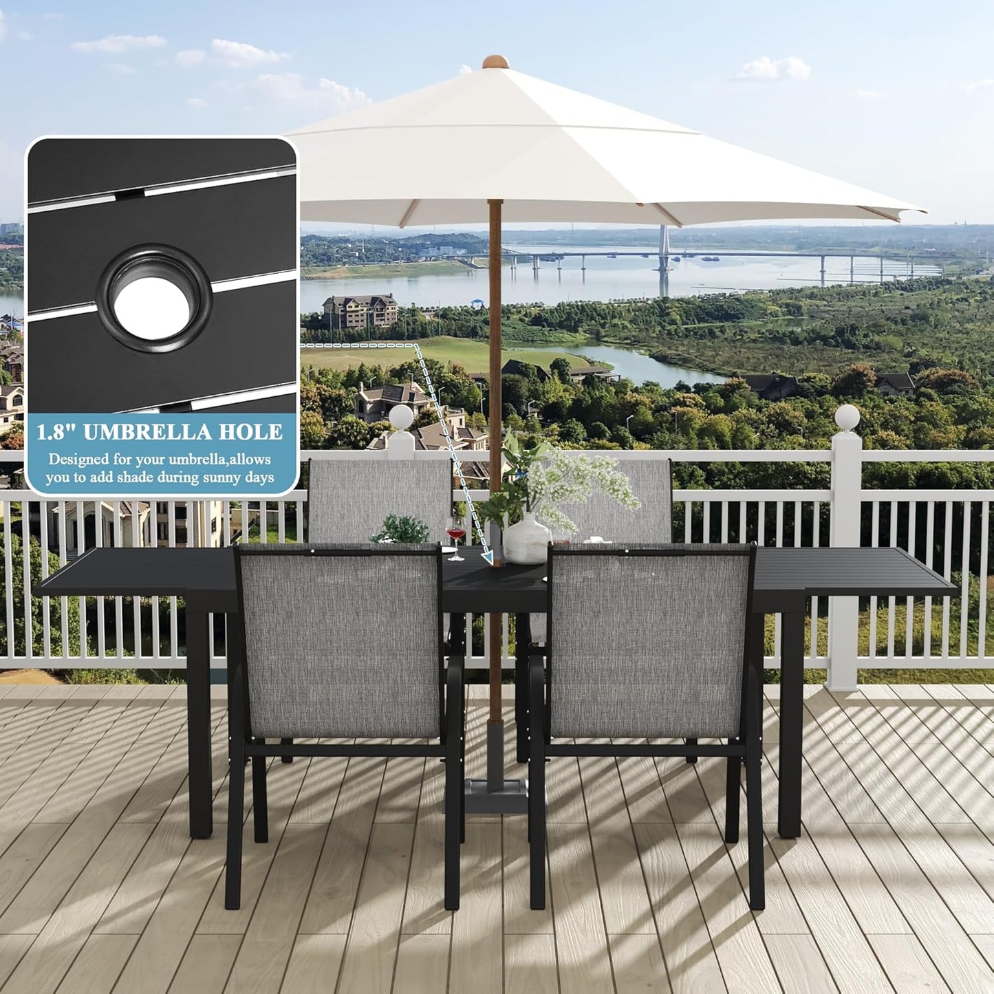 Outdoor Expandable Dining Table 71"-106" Aluminum Patio Dinner Table for 8-10 Person, Rectangular Metal Collapsible Tables with Umbrella Hole, Patio Tables with Extendable Top for Garden, Backyard