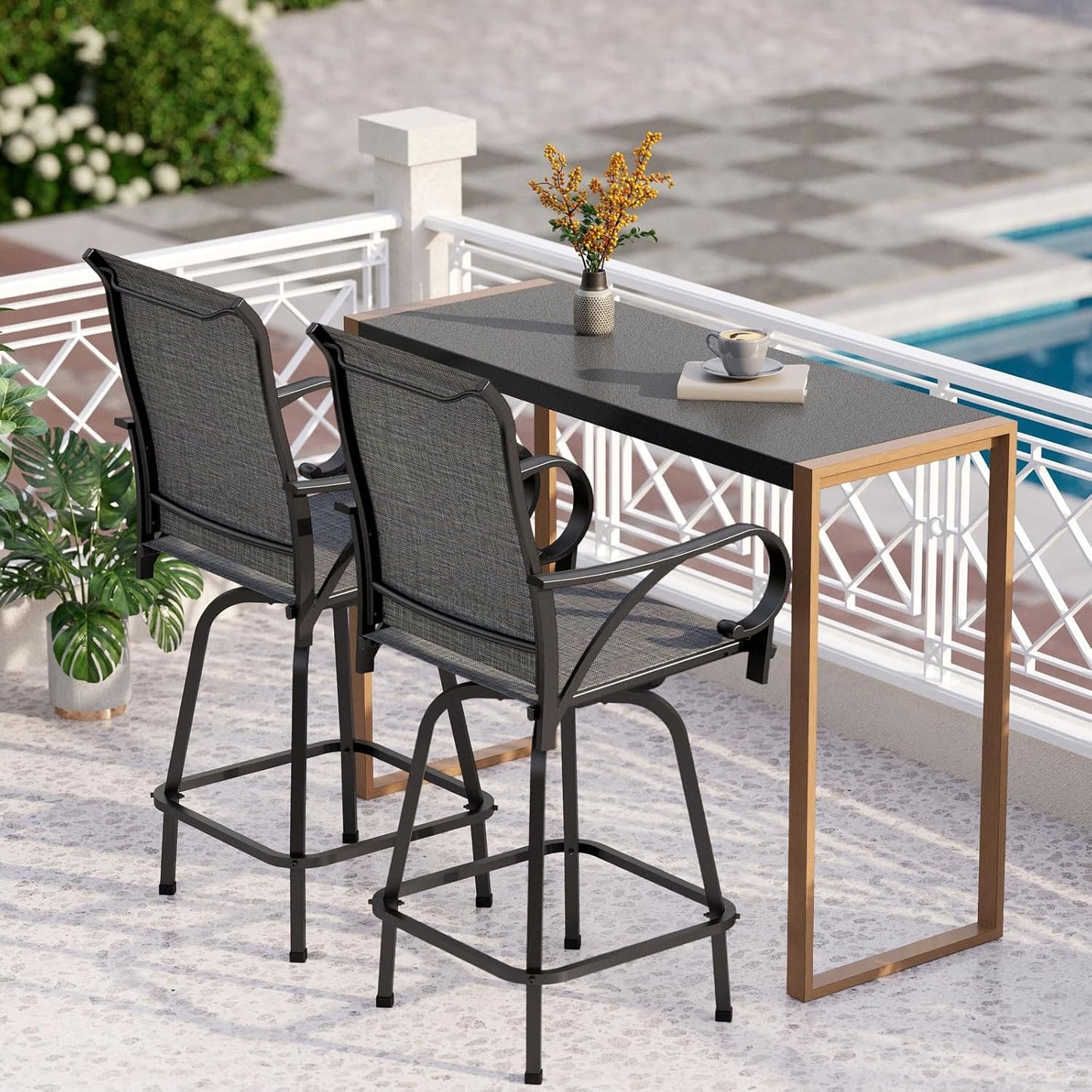 PHI VILLA Outdoor Bar Table for 2-4 Person - 55" W x 40" H Bar Height Patio Bistro Table with Stone Texture Top & Adjustable Non-Scratch Feet for Garden, Backyard, Poolside, Balcony, Patio Dining