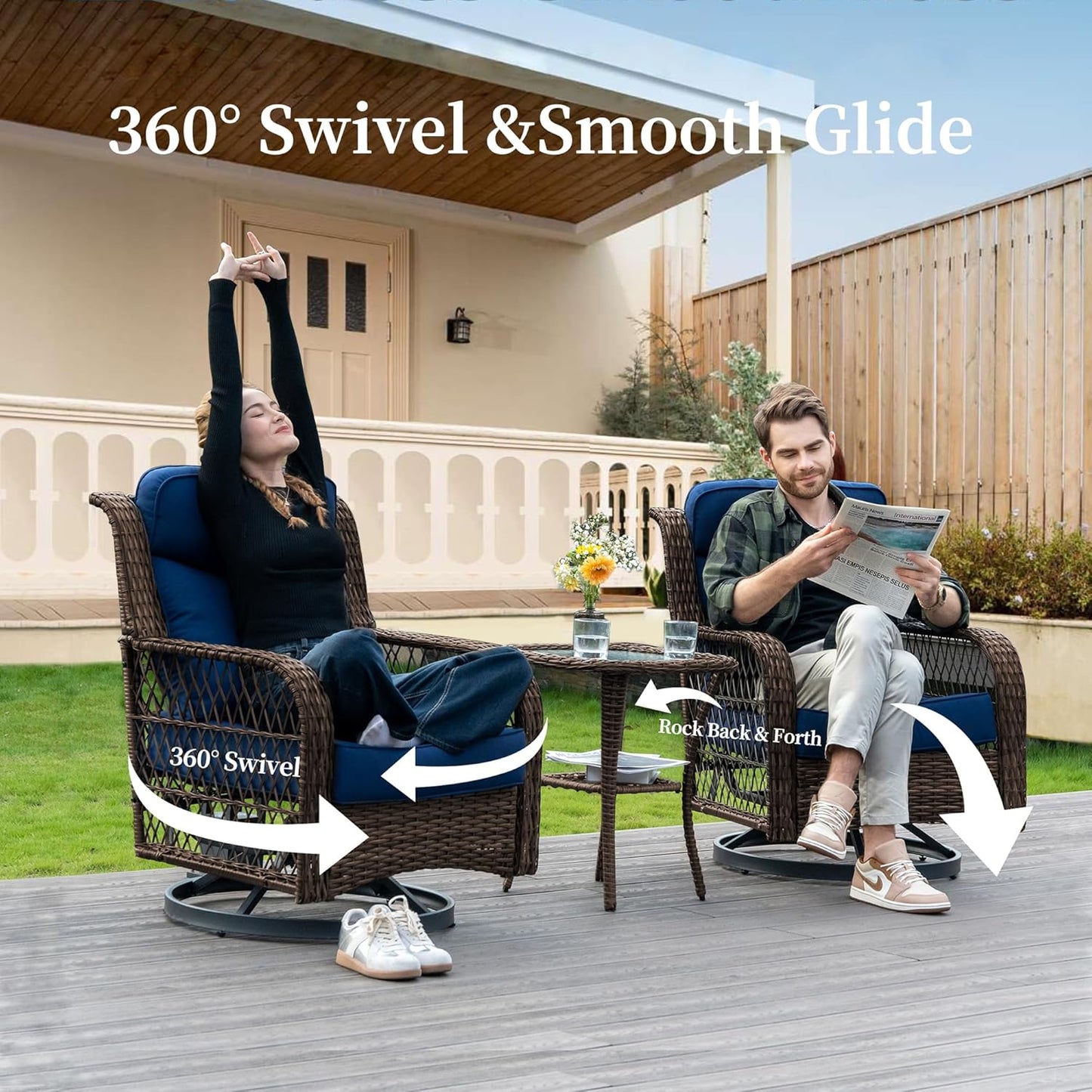 Outdoor Swivel Rocker Chairs 3 Pieces Wicker Swivel Patio Chair with Rattan Side Table, 5" Extra Thick Cushions and 25" Full Support Back, Patio Furniture Set for Outside Porch Deck