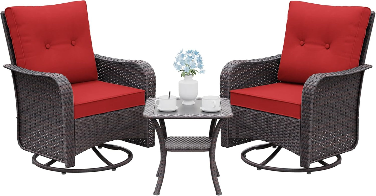 Gotland 3 Pieces Patio Set, Outdoor Swivel Chairs Set of 2 with 4’’ Waterproof Cushions High Back Double-Layer Side Table, Wicker Rocking Patio Chairs Set of 2 for Balcony, Porch, Garden