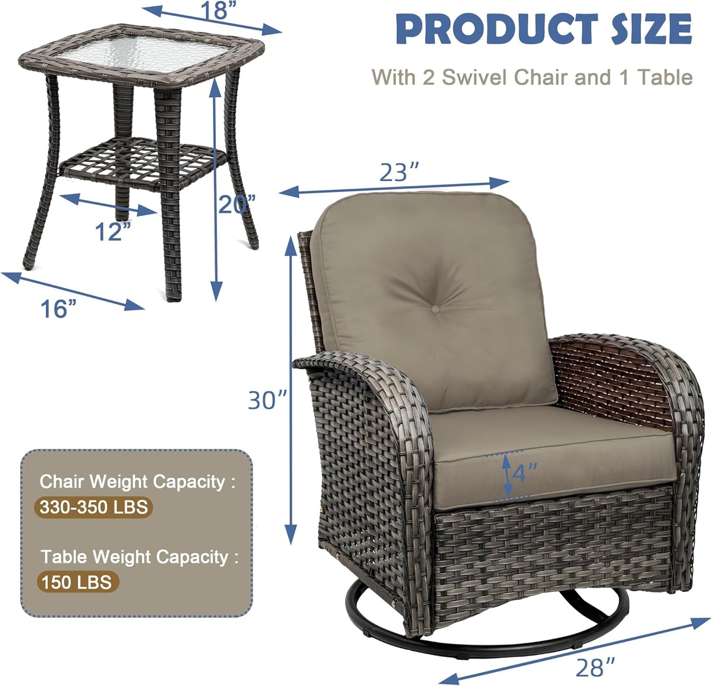 3-Piece Swivel Rocker Wicker Chair Set of 2 ,360-Degree Rocking Chairs Outdoor with Cushions,Glass Table for Garden,Backyard, Bistro.Brown