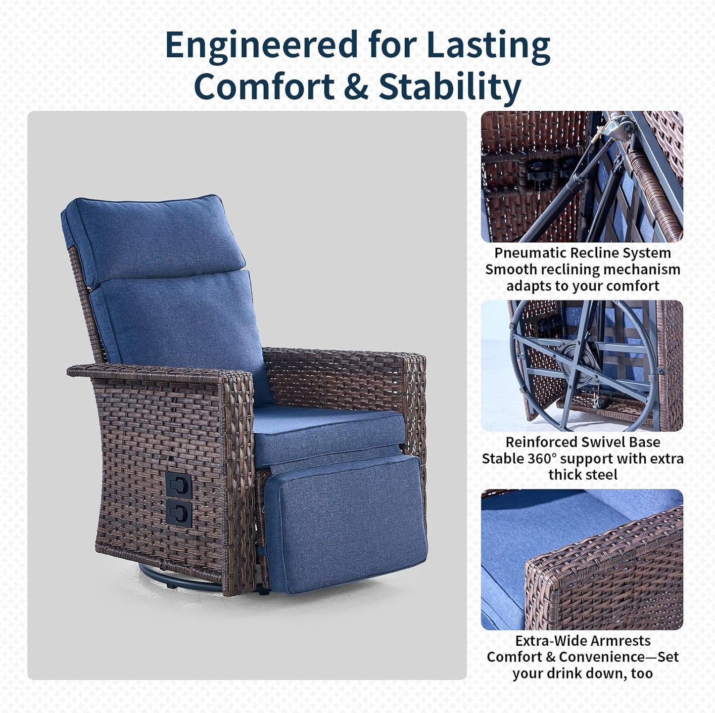 Swivel Patio Recliner Chairs Set of 2, 360° Rotation Outdoor Lounge Chairs, Adjustable Backrest & Footrest, Wide Armrests, PE Wicker with Removable Cushions for Deck, Poolside, Garden
