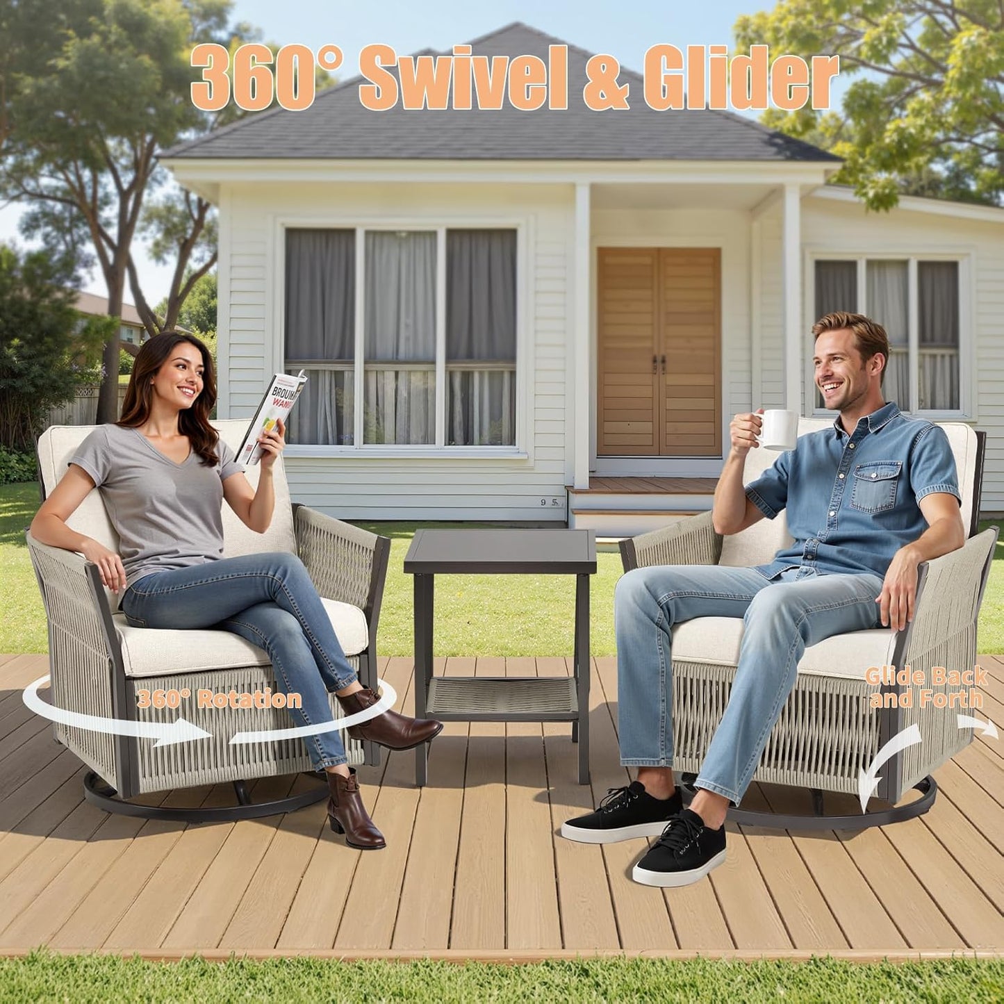 Wicker Swivel Rocker Patio Chairs, Patio Wicker Chairs Swivel Rocker Set of 2 Comfy Glider Rocking Chair Outdoor Conversation Furniture Set for Deck Porch Sunroom Backyard, Beige