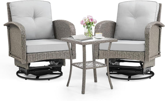 Outdoor Swivel Rocker Chairs Set, 3 Piece Patio Swivel Chairs Furniture Set, All-Weather Wicker Bistro Set, Washable Cushions, Ideal for Porch, Deck, Balcony, Backyard (LightGray)