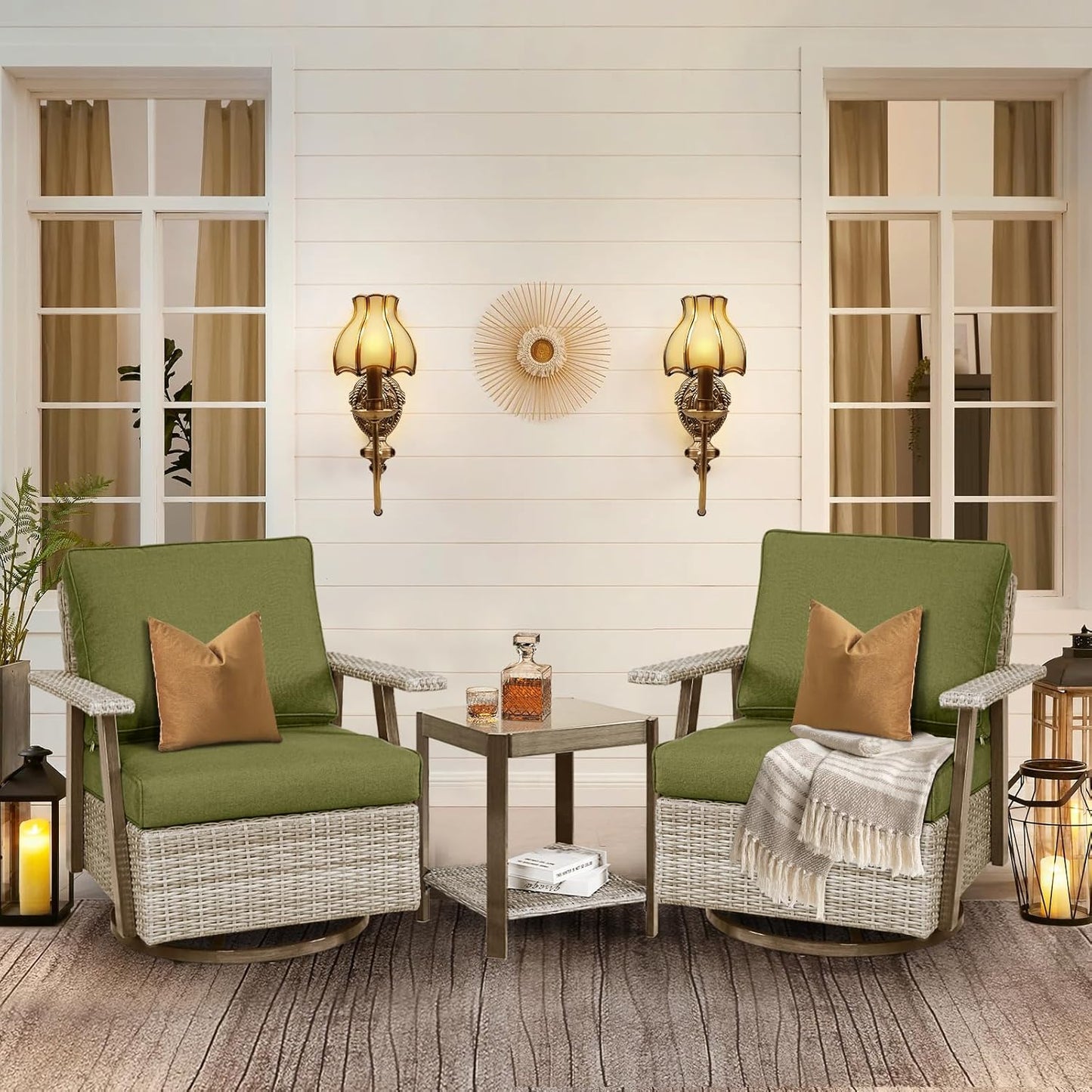2 PCS Outdoor Patio Furniture Set, Oversized Swivel Patio Chairs Set of 2, Outdoor Swivel Rocking Glider Chairs Set, Brown/Taupe PE Wicker Rocking Chair with Cushion