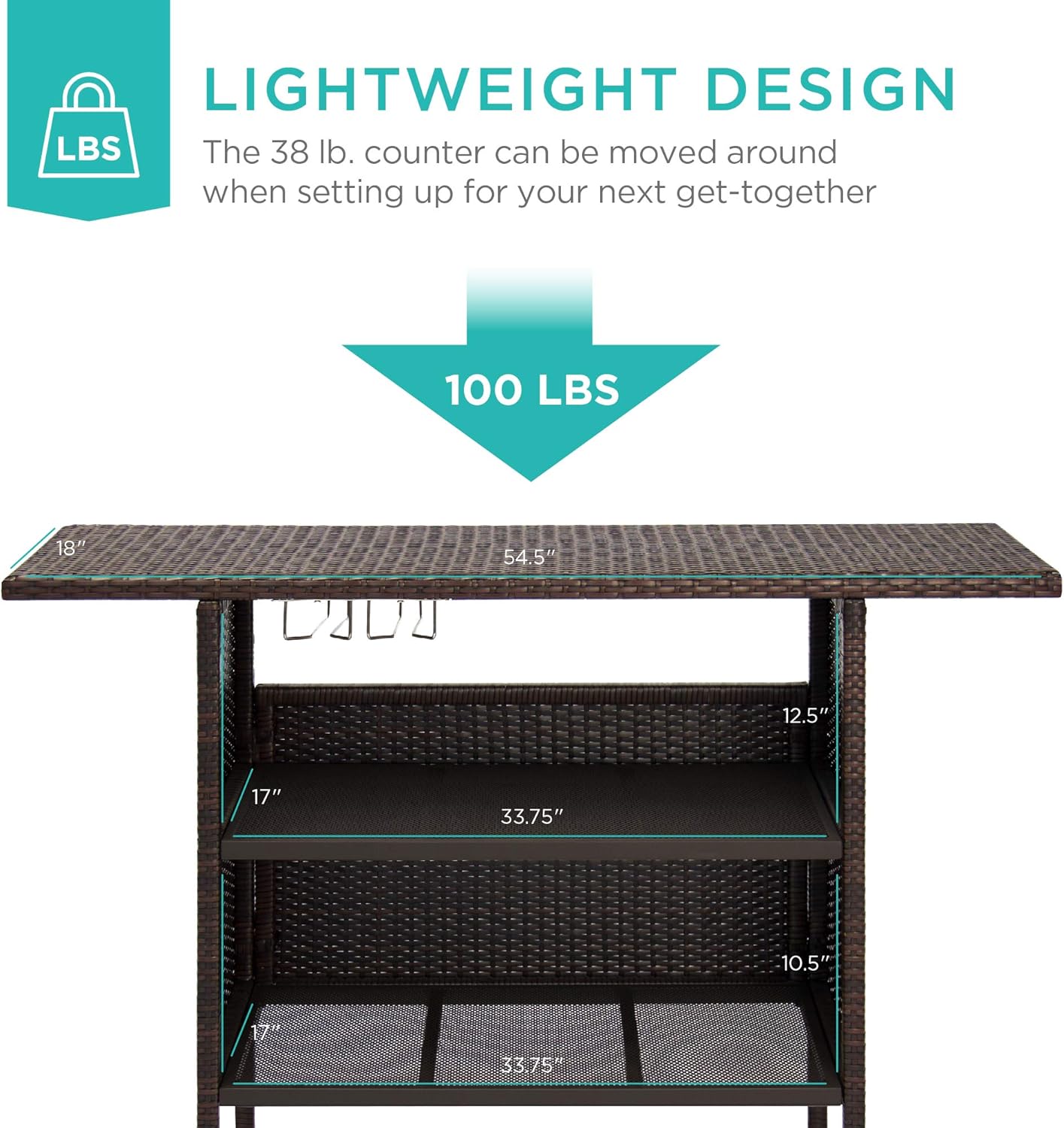 Best Choice Products Outdoor Patio Wicker Bar Counter Table Backyard Furniture w/ 2 Steel Shelves and 2 Sets of Rails - Brown