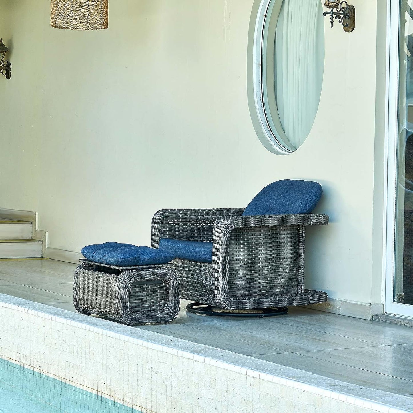 Patio Glider Swivel Rocker Set: 2piece Patio Furniture Sets, 360° Swivel Rocking Chairs with Ottoman, Rust-Resistant Cushion -Perfect for Backyard/Deck/Porch/Balcony Decors- Gray Wicker, Blue Cushion