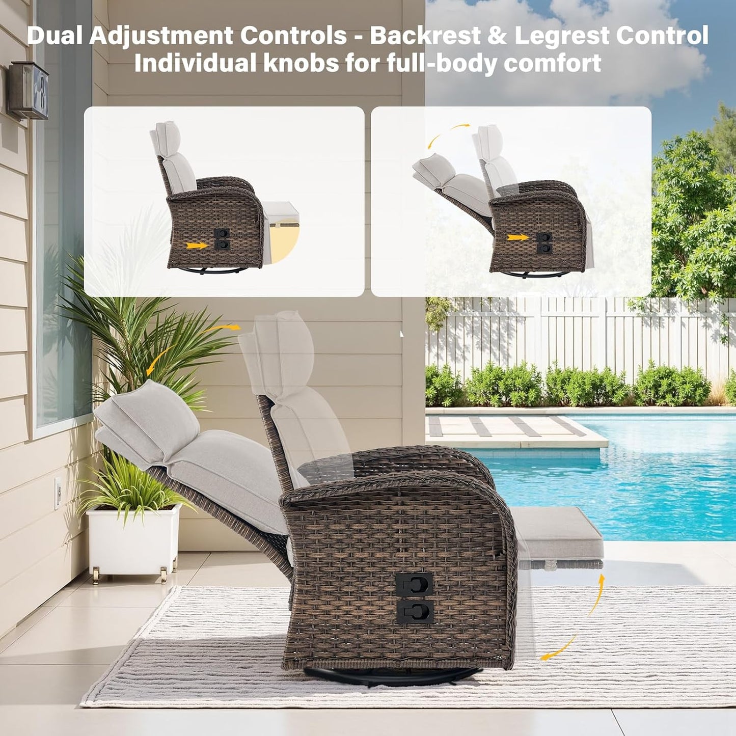 Dual-Adjust Outdoor Swivel Recliner Chair – Reclining Patio Chair with Adjustable Backrest and Footrest, All-Weather Wicker Chaise Lounge Chair Outdoor for Pool Deck Brown (Upgraded 2.0)