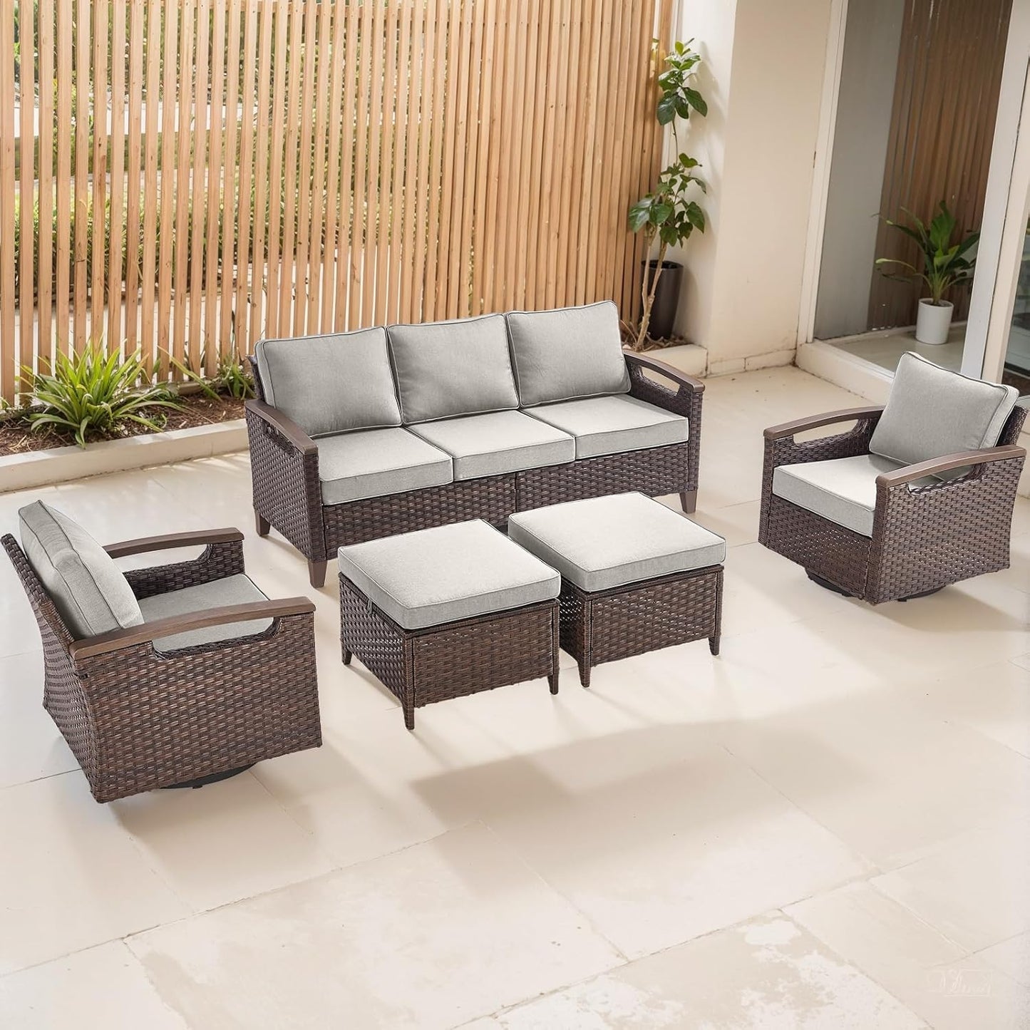 Outdoor Patio Swivel Rocking Chairs Set of 2, All Weather Wicker, Metal Armrest, Deep Seating, Thick Comfortable Cushions, Ideal for Deck Porch Backyard, Brown/Beige