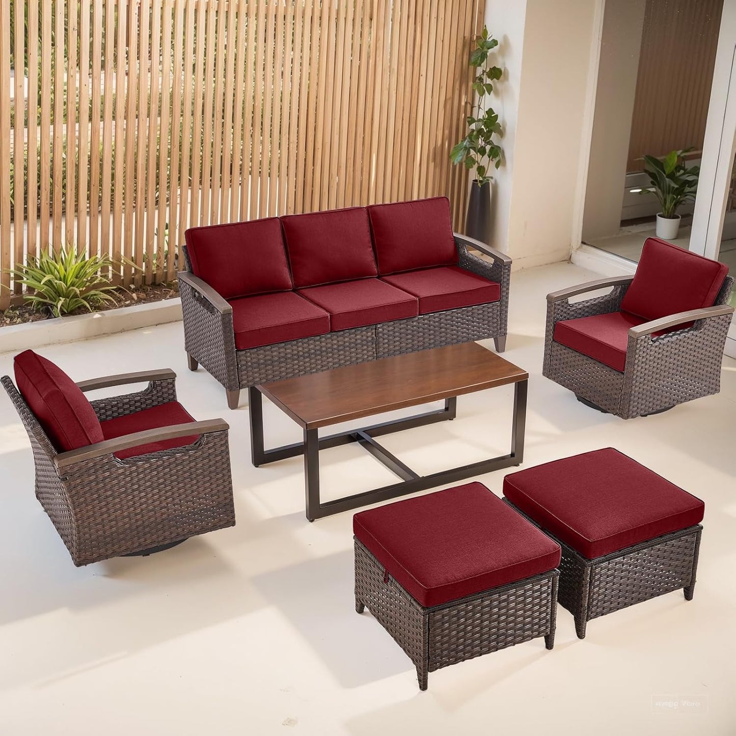 Outdoor Patio Swivel Rocking Chairs Set of 2, All Weather Wicker, Metal Armrest, Deep Seating, Thick Comfortable Cushions, Ideal for Deck Porch Backyard, Brown/Beige