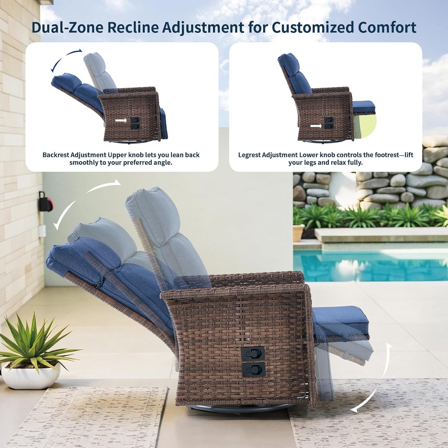 Swivel Patio Recliner Chairs Set of 2, 360° Rotation Outdoor Lounge Chairs, Adjustable Backrest & Footrest, Wide Armrests, PE Wicker with Removable Cushions for Deck, Poolside, Garden