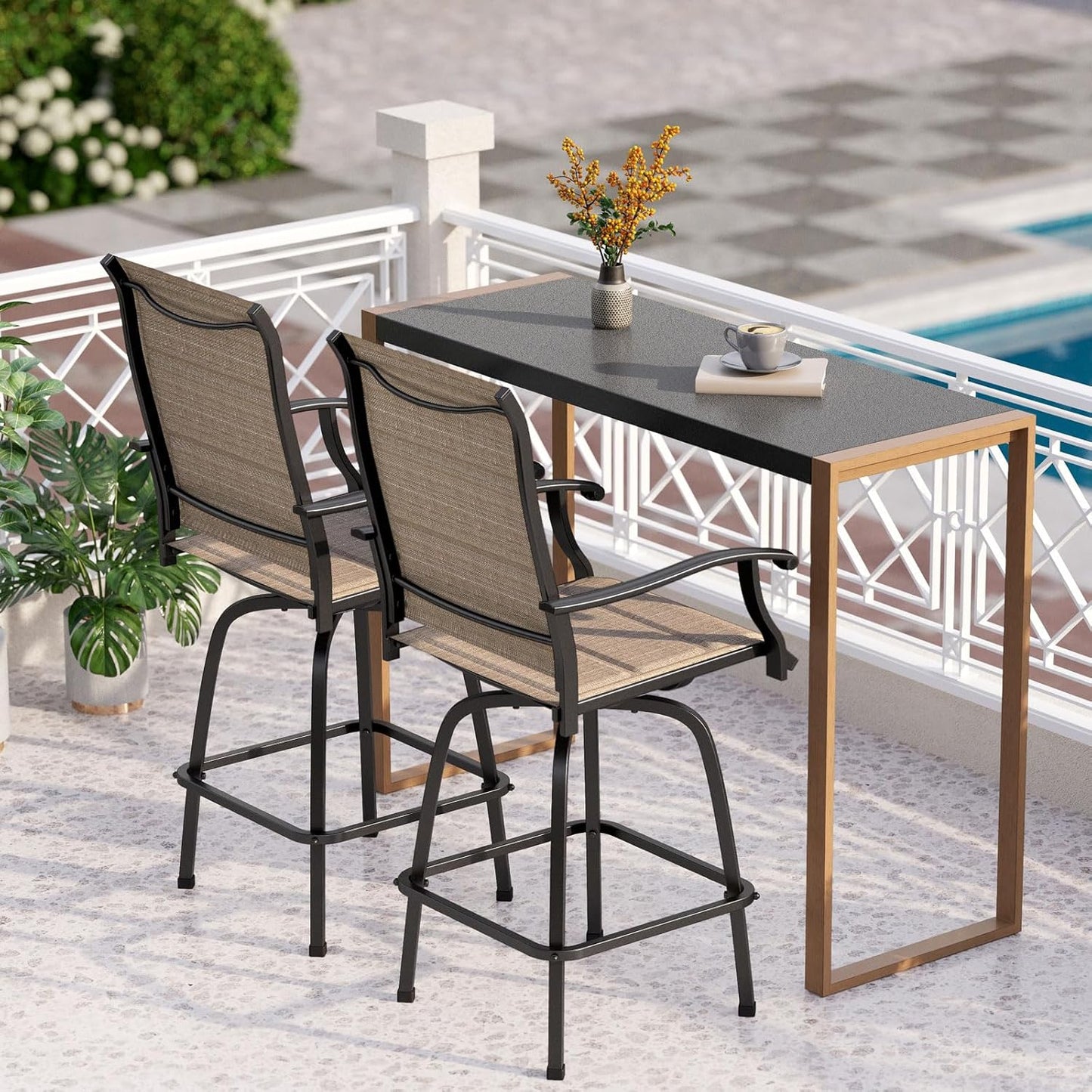 PHI VILLA Outdoor Bar Table for 2-4 Person - 55" W x 40" H Bar Height Patio Bistro Table with Stone Texture Top & Adjustable Non-Scratch Feet for Garden, Backyard, Poolside, Balcony, Patio Dining