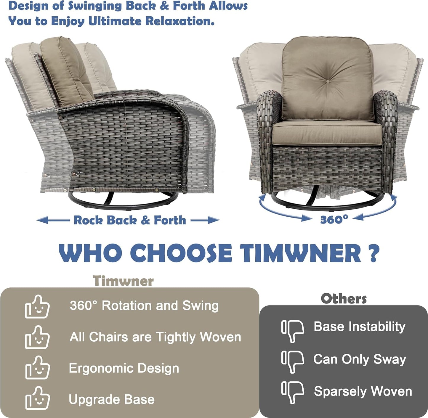 3-Piece Swivel Rocker Wicker Chair Set of 2 ,360-Degree Rocking Chairs Outdoor with Cushions,Glass Table for Garden,Backyard, Bistro.Brown