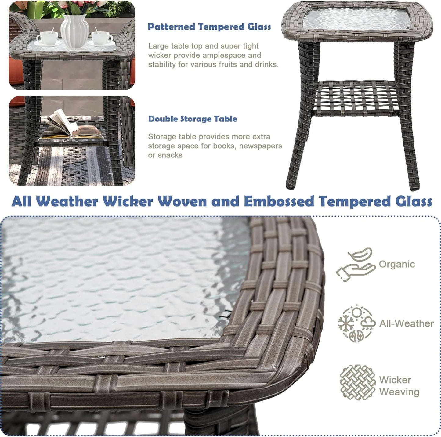 3-Piece Swivel Rocker Wicker Chair Set of 2 ,360-Degree Rocking Chairs Outdoor with Cushions,Glass Table for Garden,Backyard, Bistro.Brown