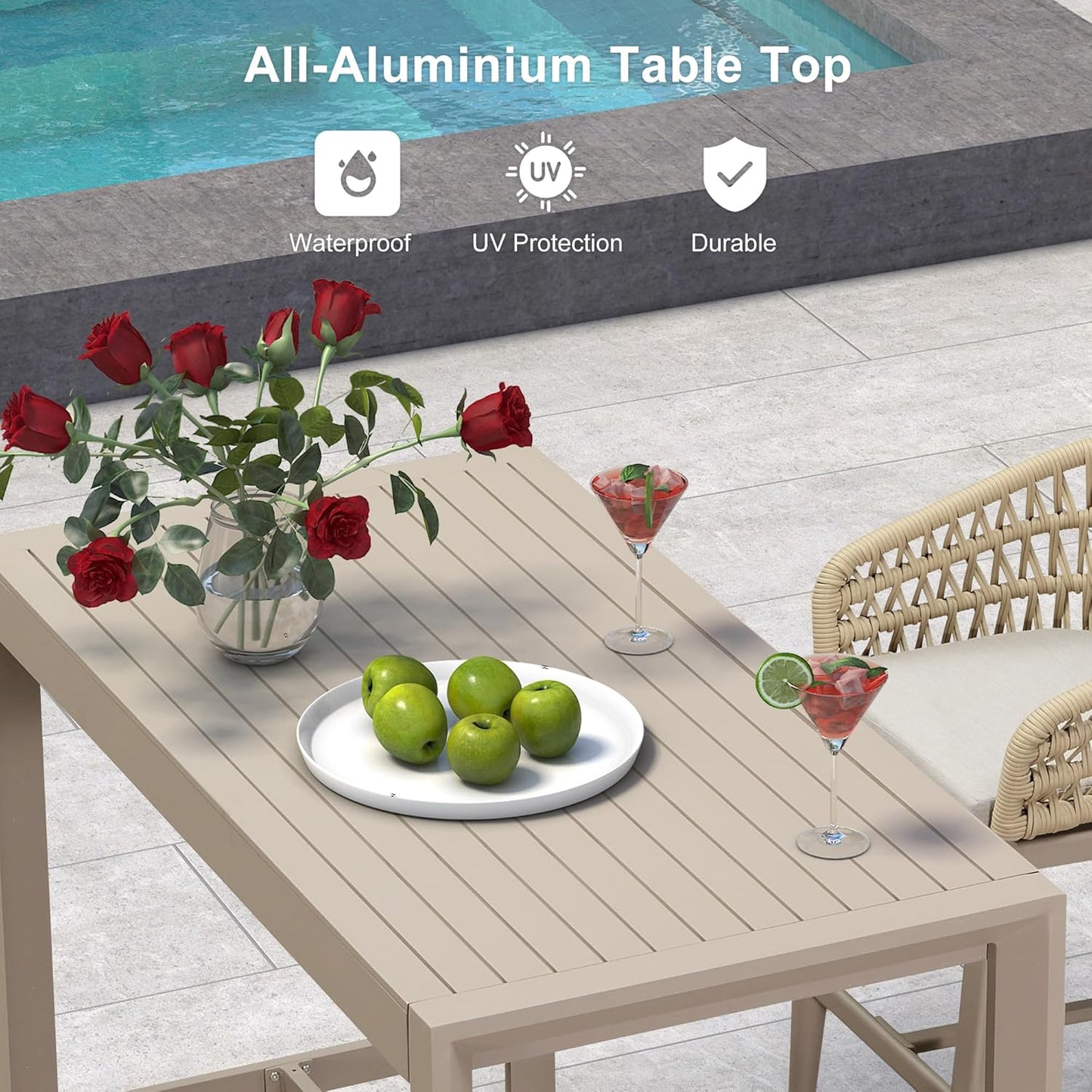 PURPLE LEAF 3 Pieces Outdoor Rattan 29" Bar Stools and Table Set, Modern Boho Aluminum Patio Bar Height Chair Bar Table for Outdoor and Indoor, Champagne