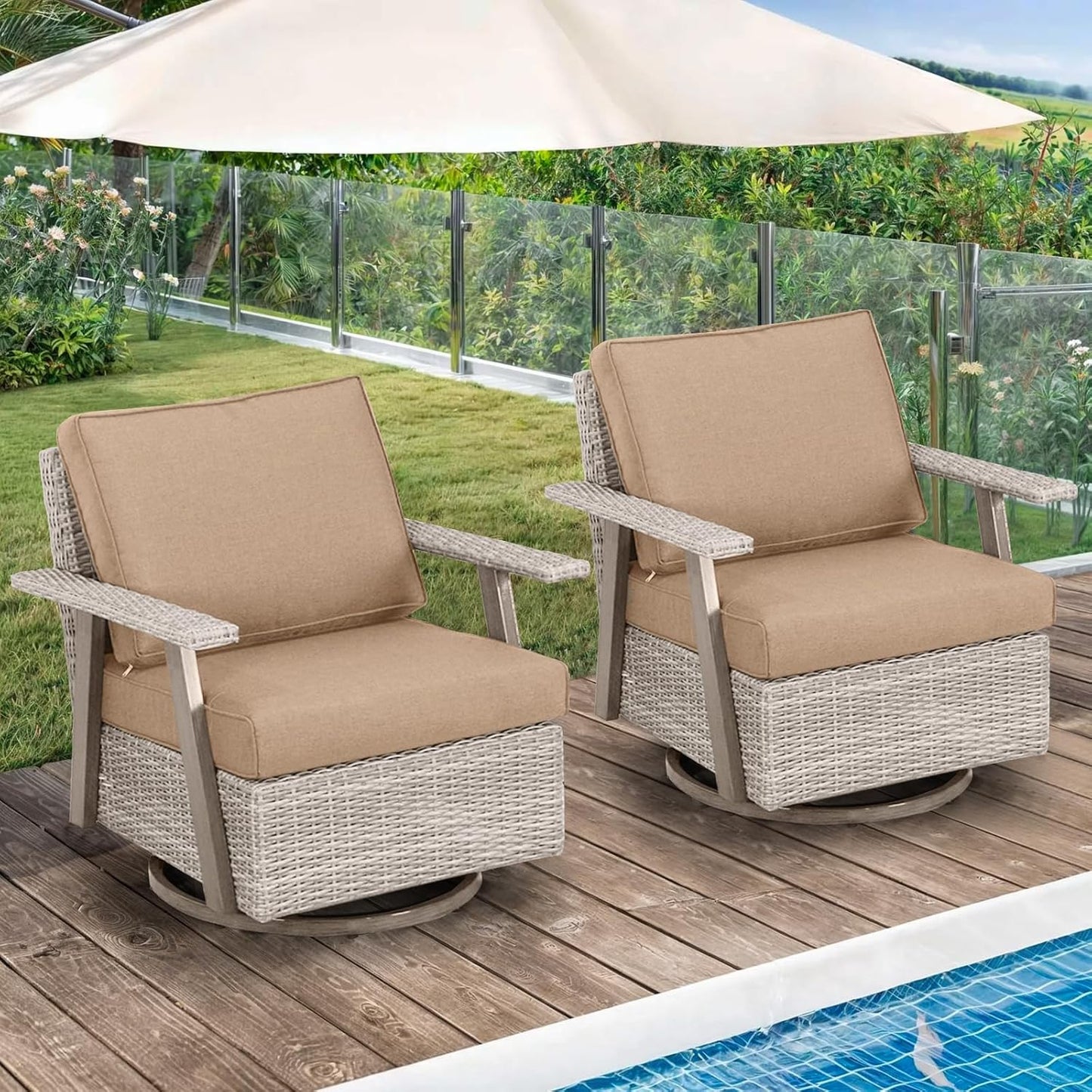 2 PCS Outdoor Patio Furniture Set, Oversized Swivel Patio Chairs Set of 2, Outdoor Swivel Rocking Glider Chairs Set, Brown/Taupe PE Wicker Rocking Chair with Cushion