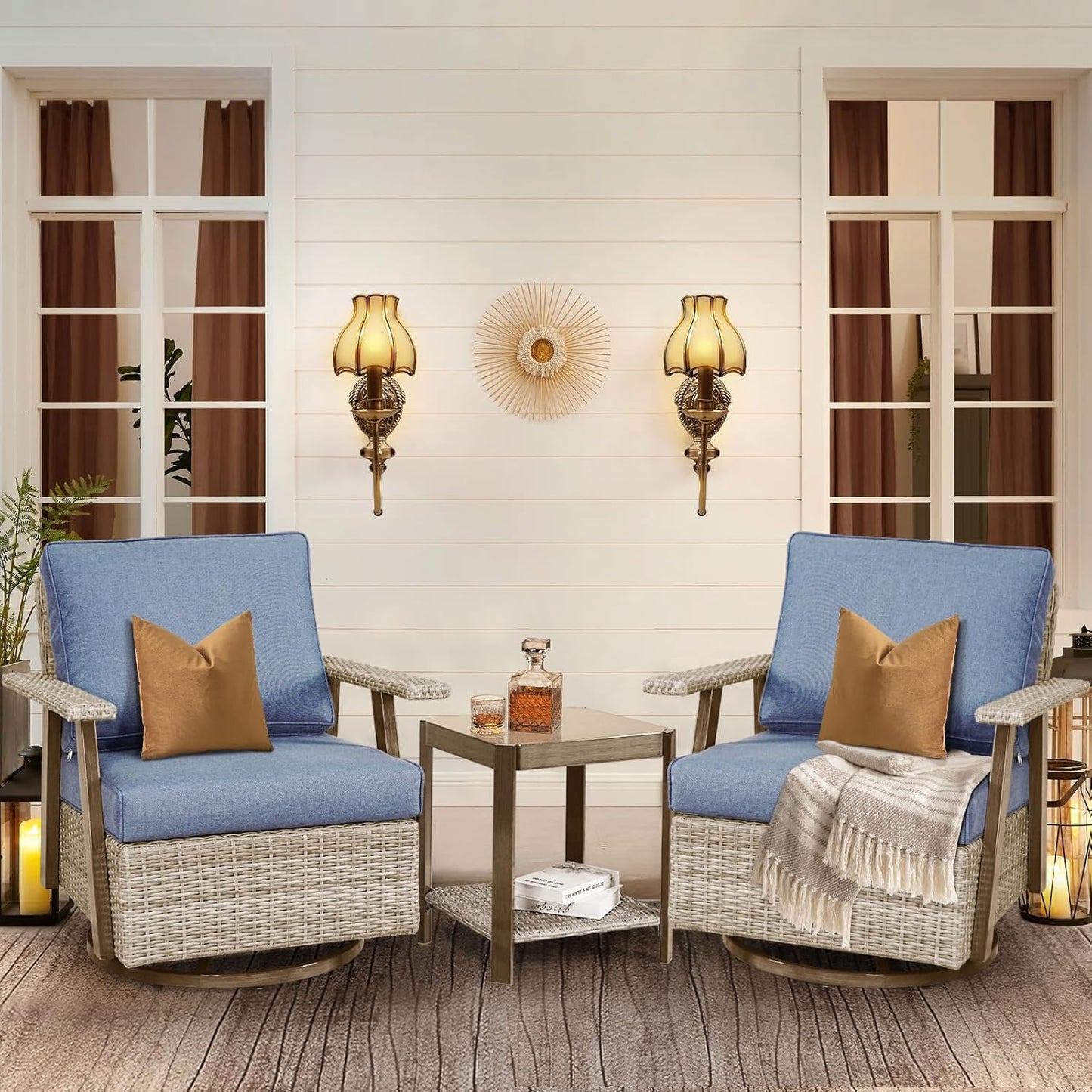 2 PCS Outdoor Patio Furniture Set, Oversized Swivel Patio Chairs Set of 2, Outdoor Swivel Rocking Glider Chairs Set, Brown/Taupe PE Wicker Rocking Chair with Cushion