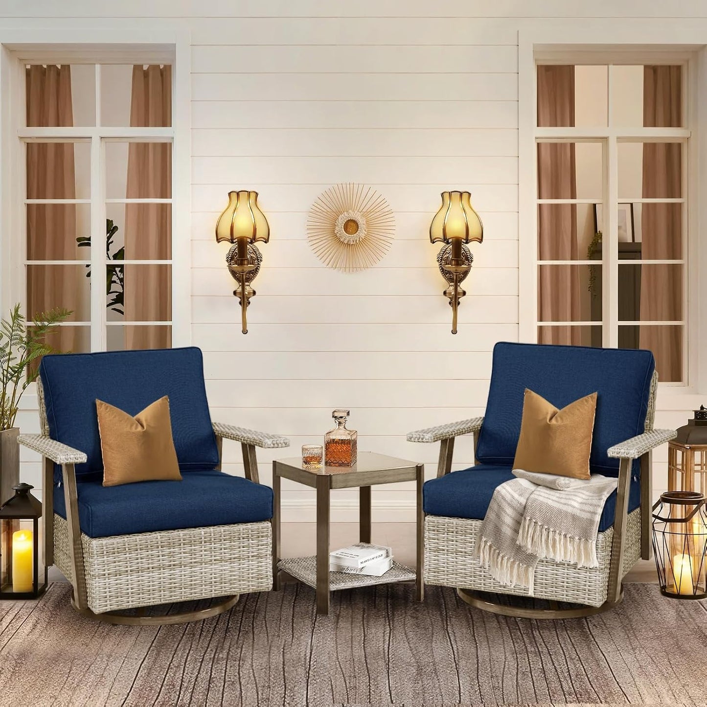2 PCS Outdoor Patio Furniture Set, Oversized Swivel Patio Chairs Set of 2, Outdoor Swivel Rocking Glider Chairs Set, Brown/Taupe PE Wicker Rocking Chair with Cushion