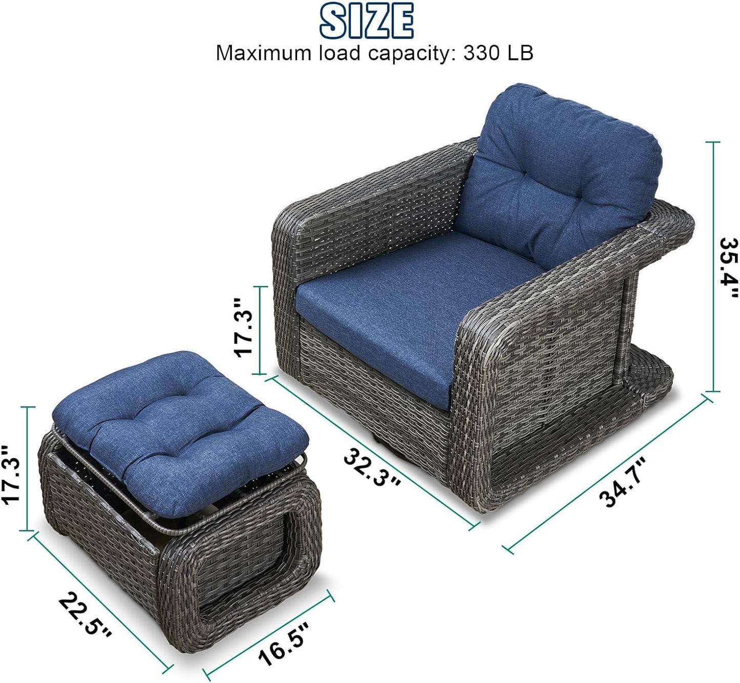 Patio Glider Swivel Rocker Set: 2piece Patio Furniture Sets, 360° Swivel Rocking Chairs with Ottoman, Rust-Resistant Cushion -Perfect for Backyard/Deck/Porch/Balcony Decors- Gray Wicker, Blue Cushion