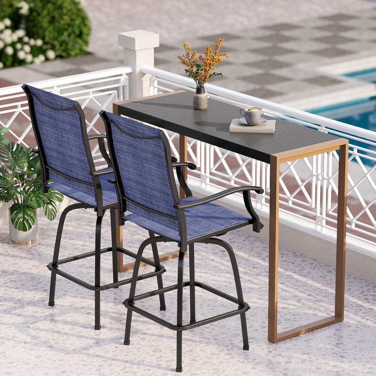 PHI VILLA Outdoor Bar Table for 2-4 Person - 55" W x 40" H Bar Height Patio Bistro Table with Stone Texture Top & Adjustable Non-Scratch Feet for Garden, Backyard, Poolside, Balcony, Patio Dining