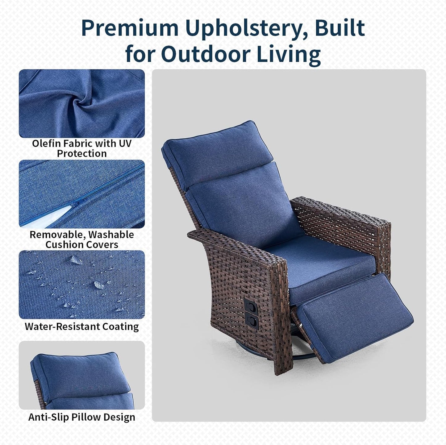 Swivel Patio Recliner Chairs Set of 2, 360° Rotation Outdoor Lounge Chairs, Adjustable Backrest & Footrest, Wide Armrests, PE Wicker with Removable Cushions for Deck, Poolside, Garden
