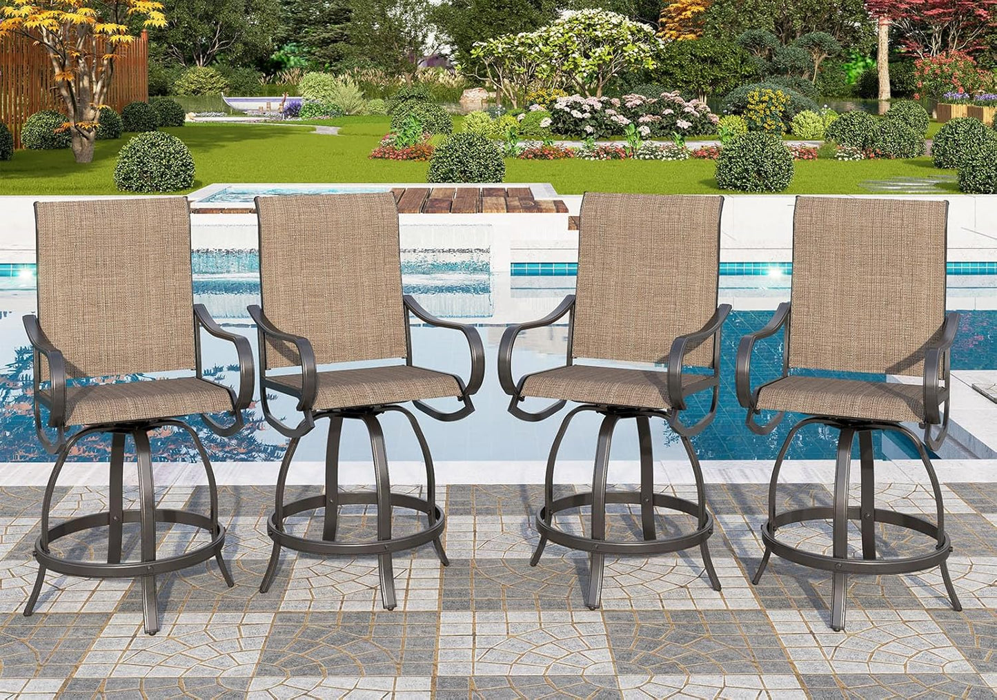 PHI VILLA 5PCS Patio Bar Set, Metal Bar Height Table and 4 Outdoor Swivel Bar Chairs with Textilene Fabric and Thickened Black Metal Frame,High Patio Furniture for Garden,Yard