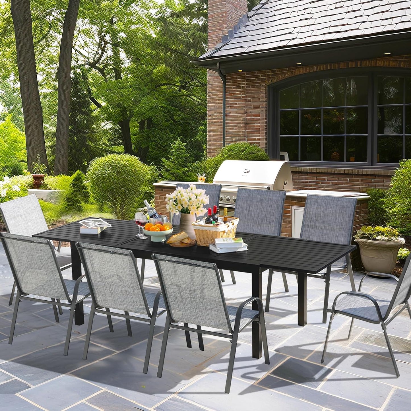 Outdoor Expandable Dining Table 71"-106" Aluminum Patio Dinner Table for 8-10 Person, Rectangular Metal Collapsible Tables with Umbrella Hole, Patio Tables with Extendable Top for Garden, Backyard