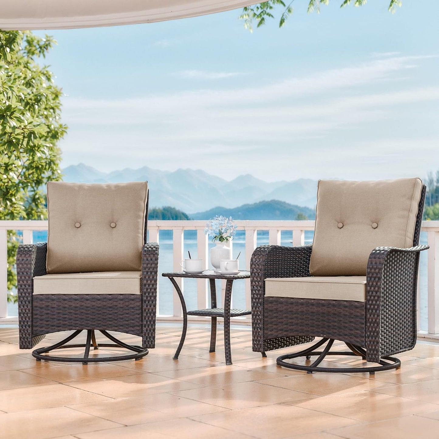 Gotland 3 Pieces Patio Set, Outdoor Swivel Chairs Set of 2 with 4’’ Waterproof Cushions High Back Double-Layer Side Table, Wicker Rocking Patio Chairs Set of 2 for Balcony, Porch, Garden