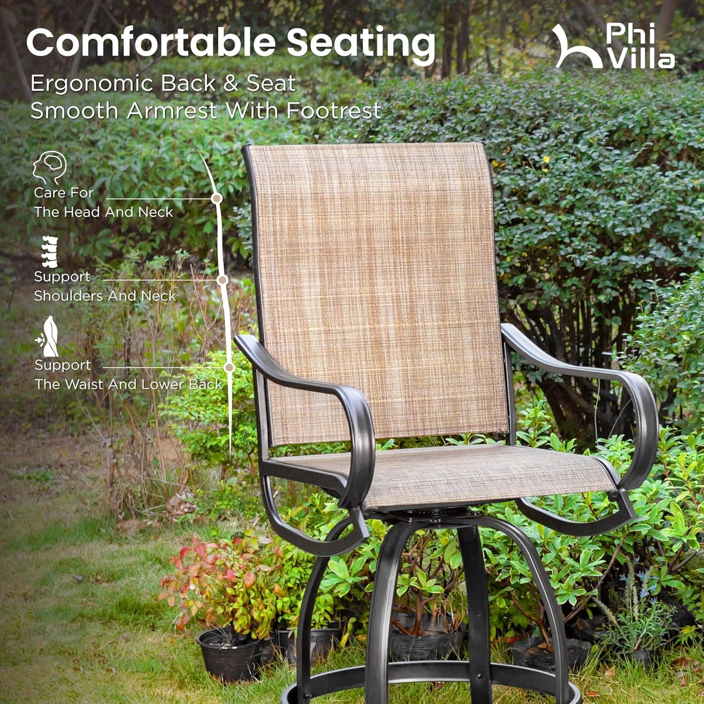 PHI VILLA 5PCS Patio Bar Set, Metal Bar Height Table and 4 Outdoor Swivel Bar Chairs with Textilene Fabric and Thickened Black Metal Frame,High Patio Furniture for Garden,Yard