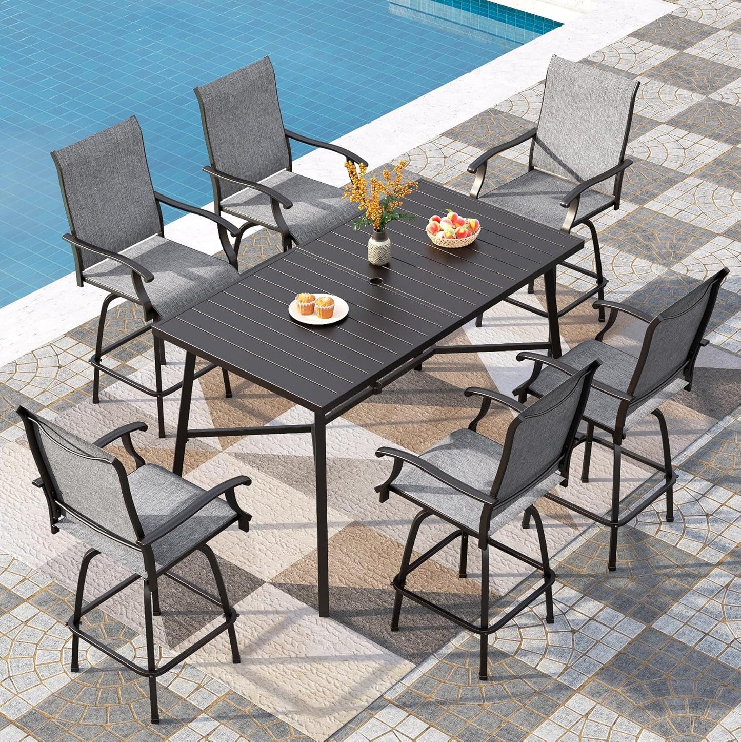PHI VILLA Outdoor Bar Table for 2-4 Person - 55" W x 40" H Bar Height Patio Bistro Table with Stone Texture Top & Adjustable Non-Scratch Feet for Garden, Backyard, Poolside, Balcony, Patio Dining