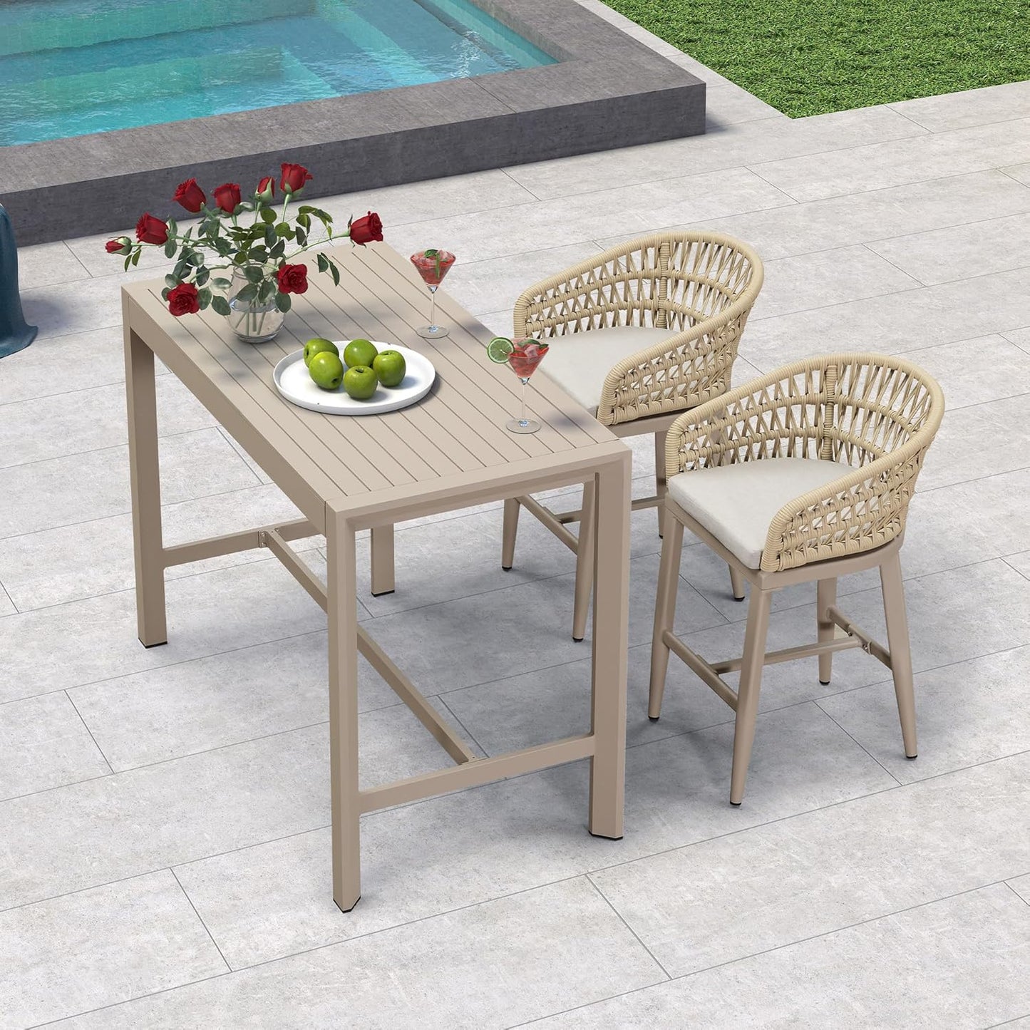 PURPLE LEAF 3 Pieces Outdoor Rattan 29" Bar Stools and Table Set, Modern Boho Aluminum Patio Bar Height Chair Bar Table for Outdoor and Indoor, Champagne
