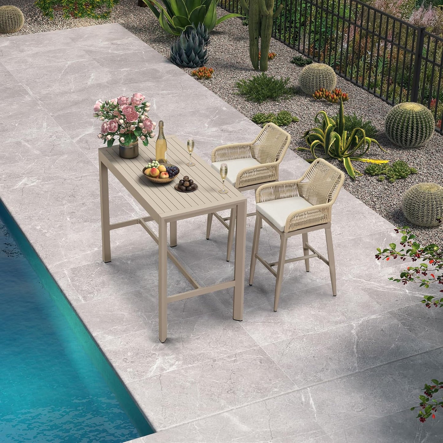 PURPLE LEAF 3 Pieces Outdoor Rattan 29" Bar Stools and Table Set, Modern Boho Aluminum Patio Bar Height Chair Bar Table for Outdoor and Indoor, Champagne