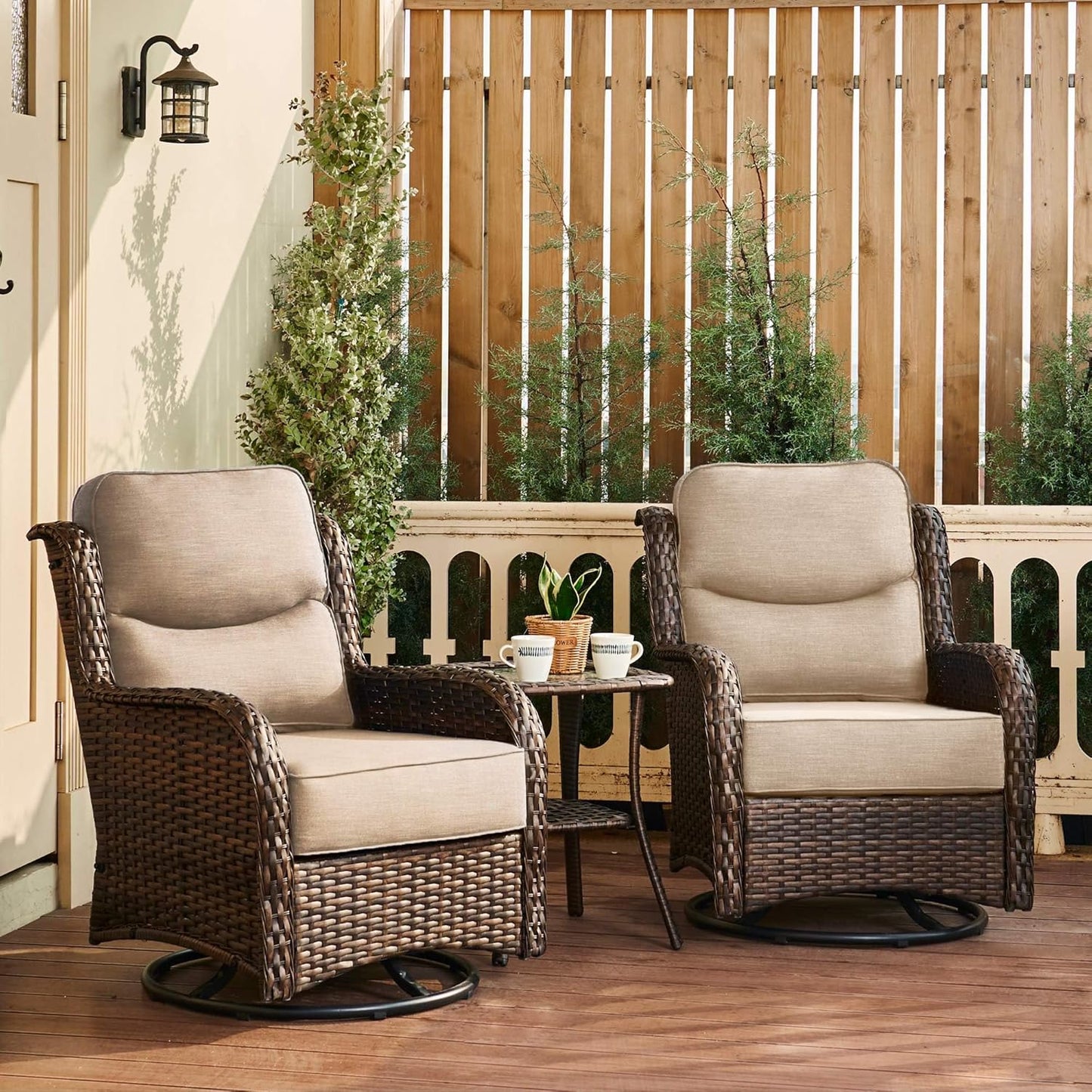 HILLGA Luxury Outdoor Swivel Rocker Patio Chairs of 2 with 6 Inch Thick Cushions and Side Table, Swivel Outdoor Chairs 3PCS High Back Wicker Patio Furniture Set for Porch, Balcony, Deck in Blue