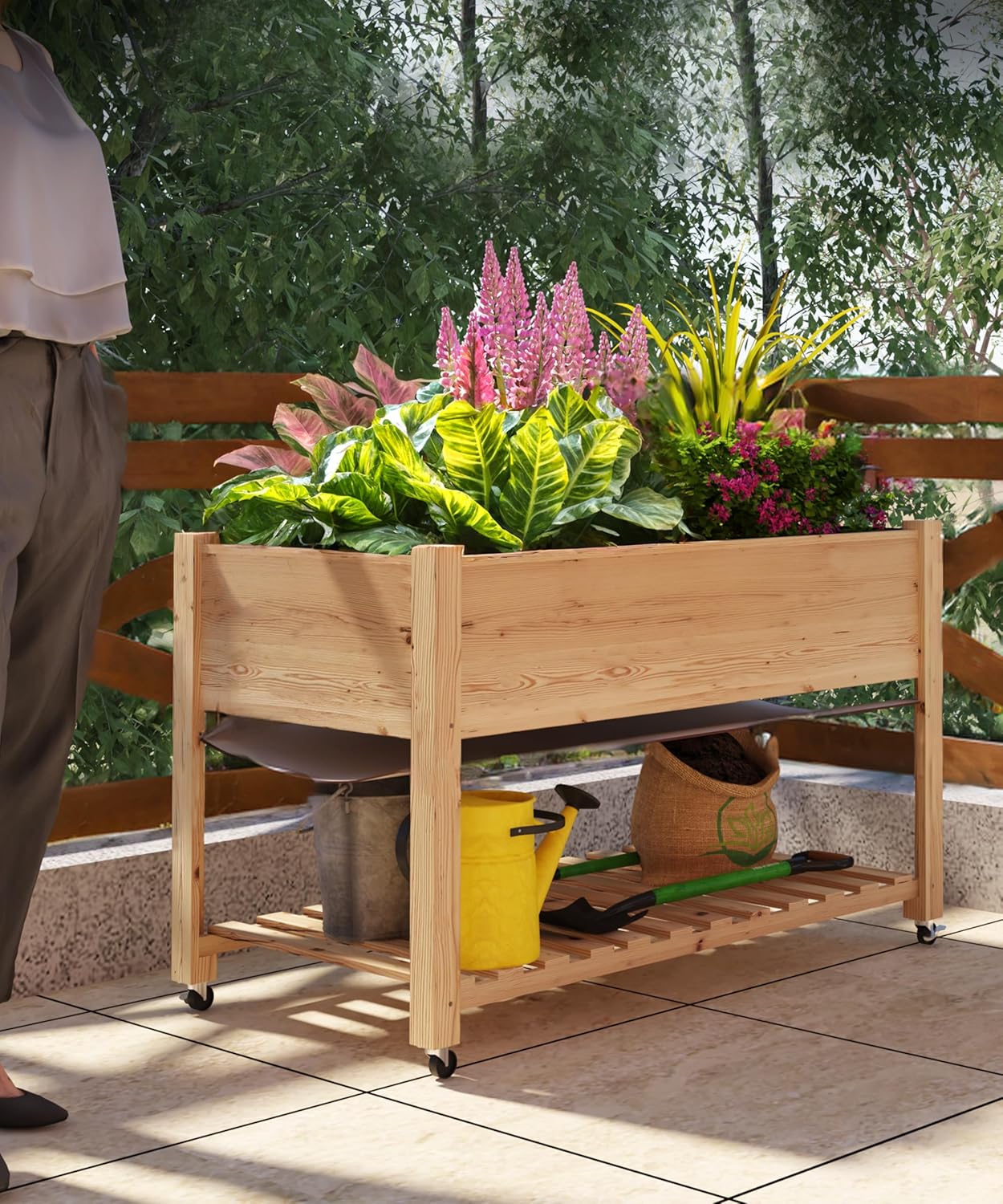 GarveeHome Raised Garden Bed 48x24x32-Inch Mobile Elevated Wood Planter Raised Beds w/Lockable Wheels, Storage Shelf, and Protective Liner for Indoor/Outdoor Gardening,Natural