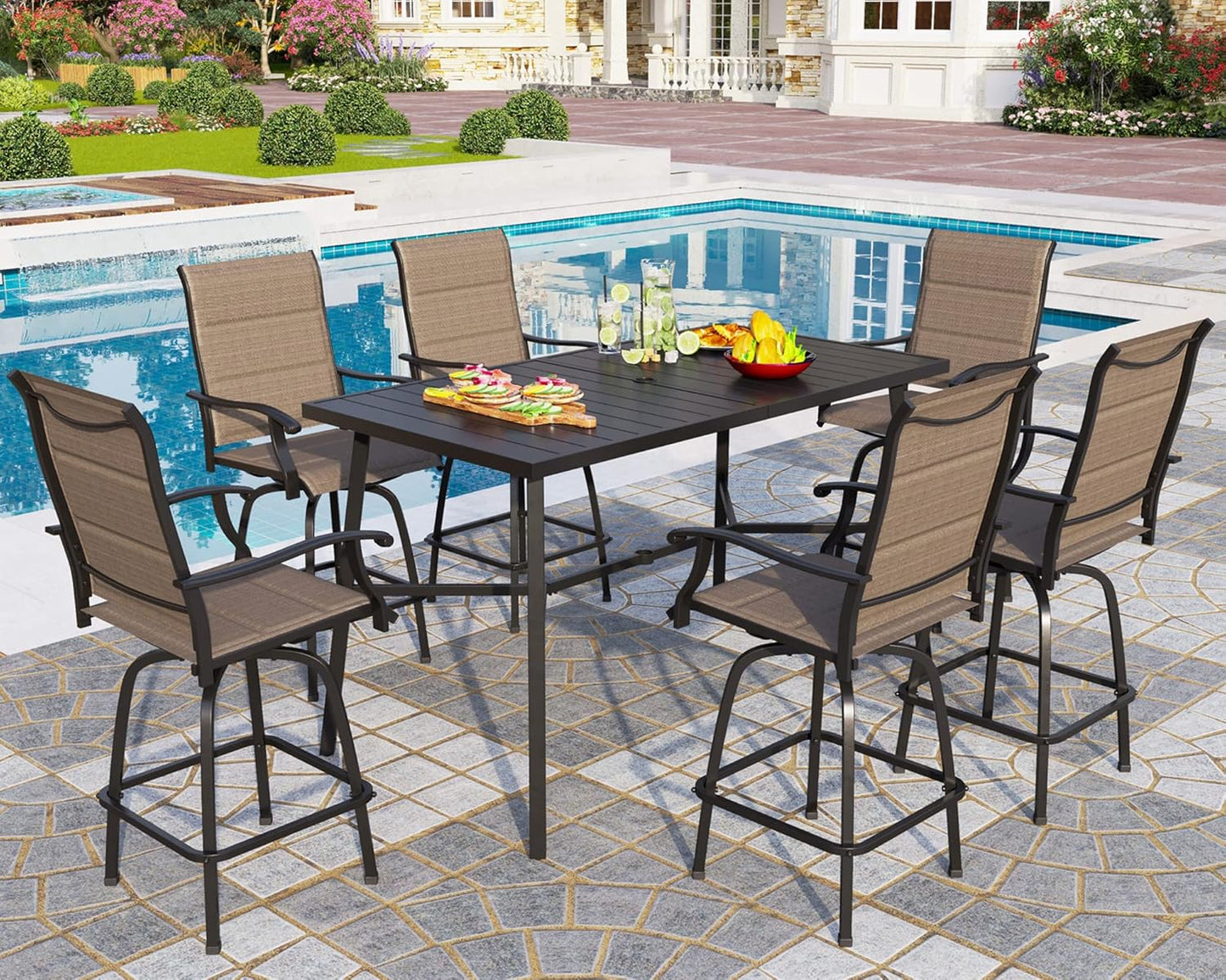 PHI VILLA Outdoor Bar Table for 2-4 Person - 55" W x 40" H Bar Height Patio Bistro Table with Stone Texture Top & Adjustable Non-Scratch Feet for Garden, Backyard, Poolside, Balcony, Patio Dining