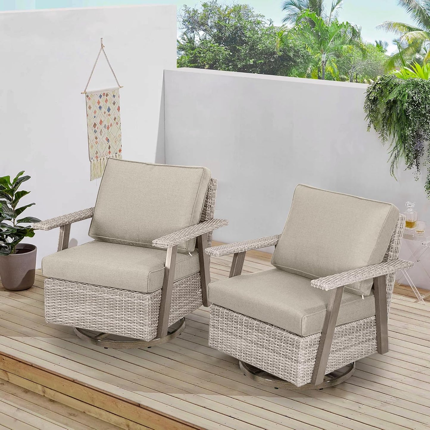 2 PCS Outdoor Patio Furniture Set, Oversized Swivel Patio Chairs Set of 2, Outdoor Swivel Rocking Glider Chairs Set, Brown/Taupe PE Wicker Rocking Chair with Cushion