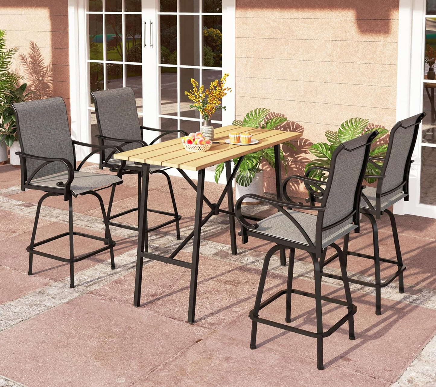 PHI VILLA Outdoor Bar Table for 2-4 Person - 55" W x 40" H Bar Height Patio Bistro Table with Stone Texture Top & Adjustable Non-Scratch Feet for Garden, Backyard, Poolside, Balcony, Patio Dining