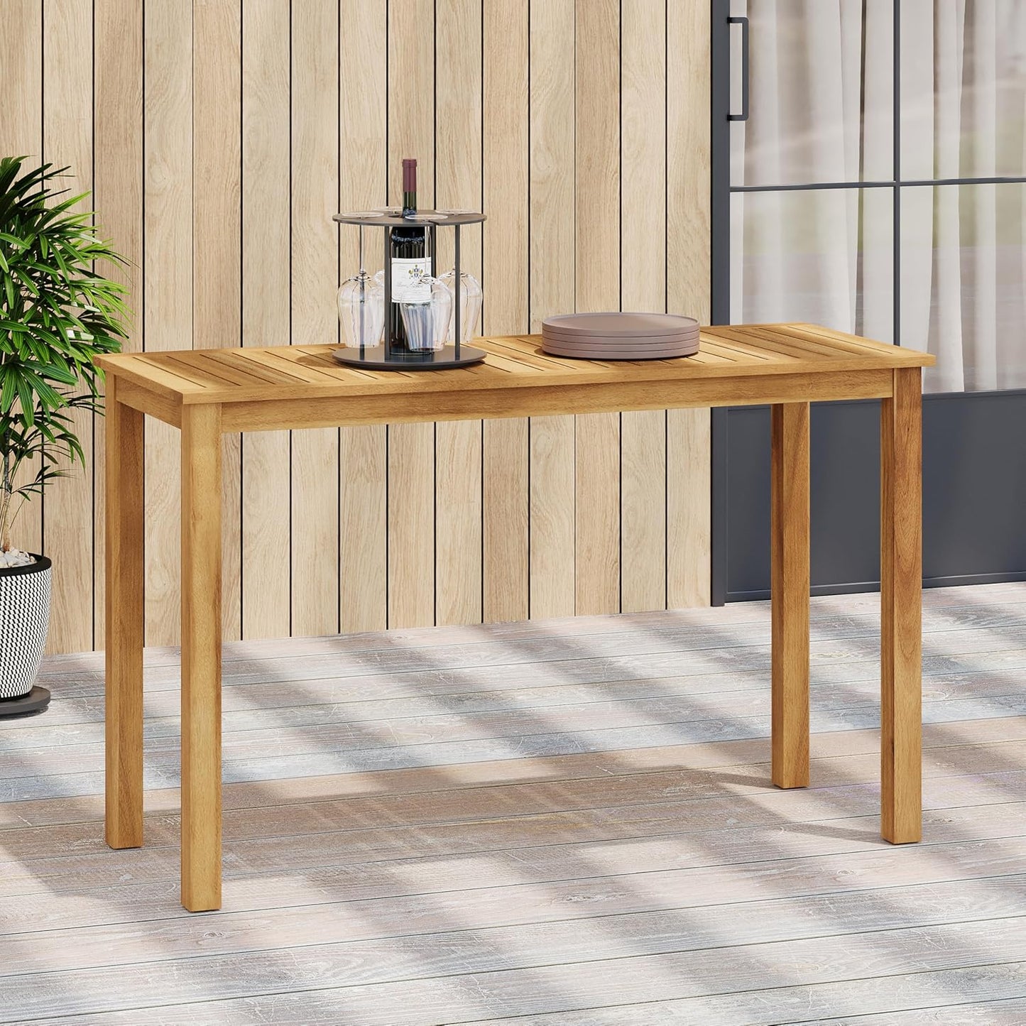 Christopher Knight Home Zigg Rectangular Outdoor Bar Table, Acacia Wood Bar Height Table with Slatted Top, Patio Accent Table, Coffee Bar Table for Garden/Balcony/Breakfast, Light Teak