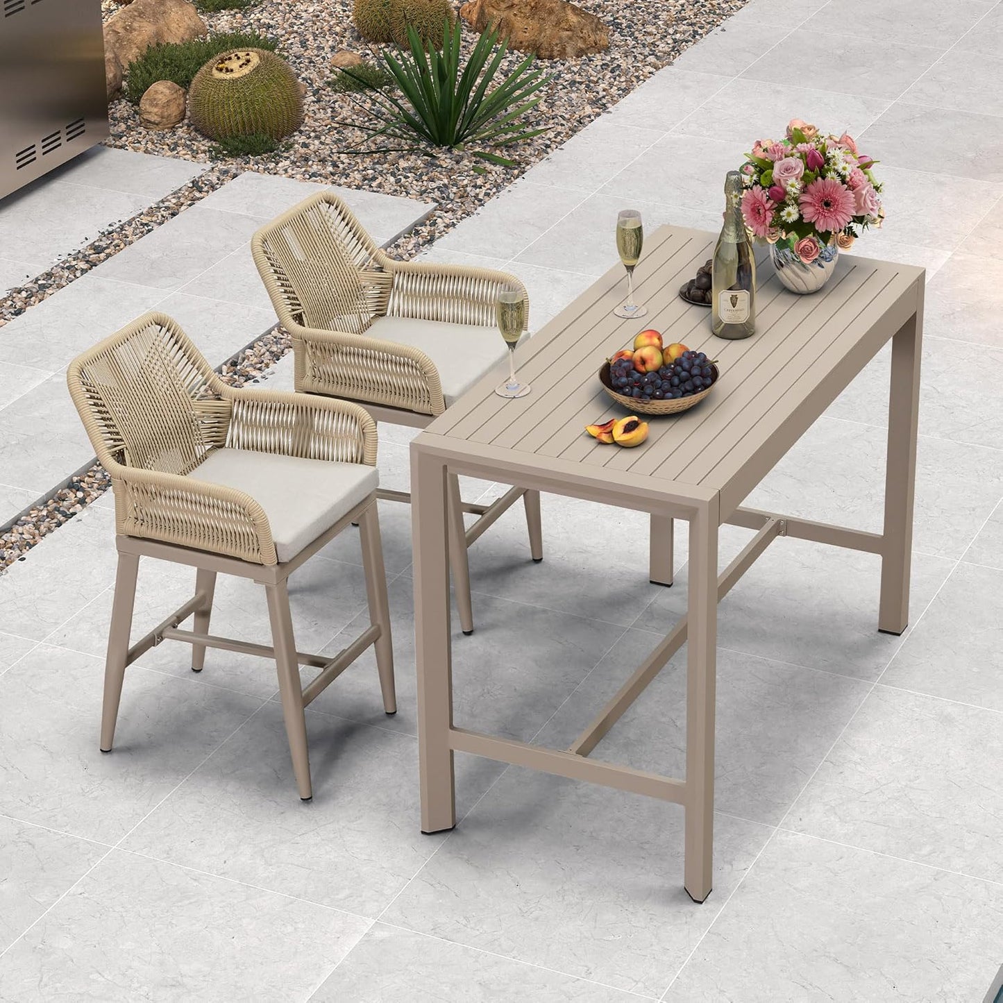 PURPLE LEAF 3 Pieces Outdoor Rattan 29" Bar Stools and Table Set, Modern Boho Aluminum Patio Bar Height Chair Bar Table for Outdoor and Indoor, Champagne