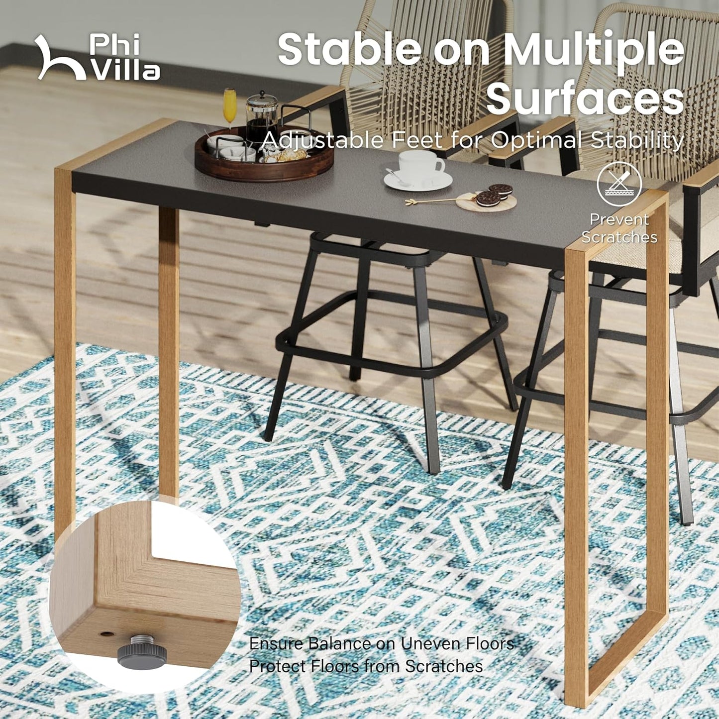 PHI VILLA Outdoor Bar Table for 2-4 Person - 55" W x 40" H Bar Height Patio Bistro Table with Stone Texture Top & Adjustable Non-Scratch Feet for Garden, Backyard, Poolside, Balcony, Patio Dining
