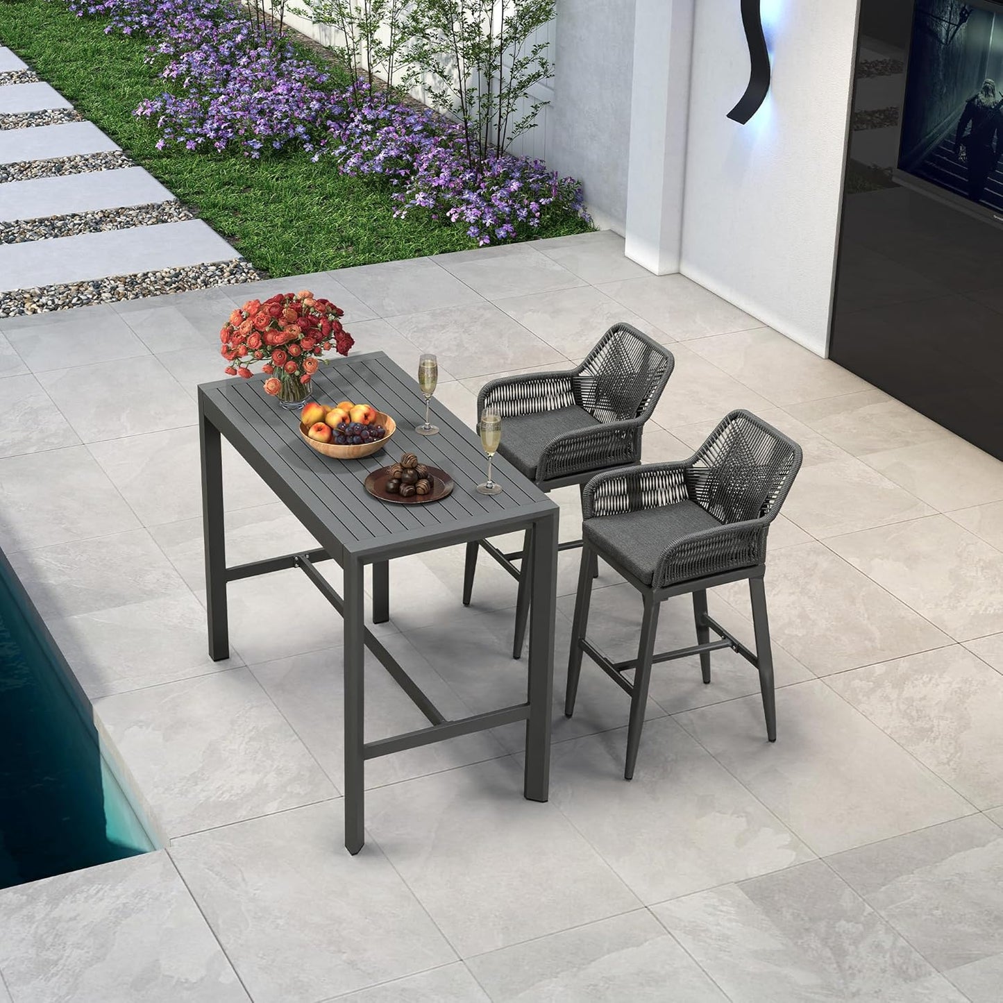 PURPLE LEAF 3 Pieces Outdoor Rattan 29" Bar Stools and Table Set, Modern Boho Aluminum Patio Bar Height Chair Bar Table for Outdoor and Indoor, Champagne