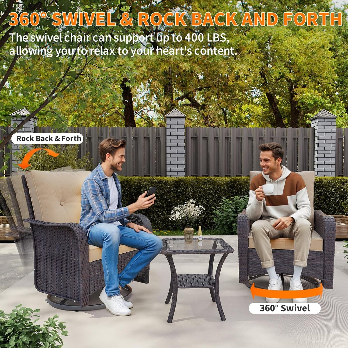 Gotland 3 Pieces Patio Set, Outdoor Swivel Chairs Set of 2 with 4’’ Waterproof Cushions High Back Double-Layer Side Table, Wicker Rocking Patio Chairs Set of 2 for Balcony, Porch, Garden